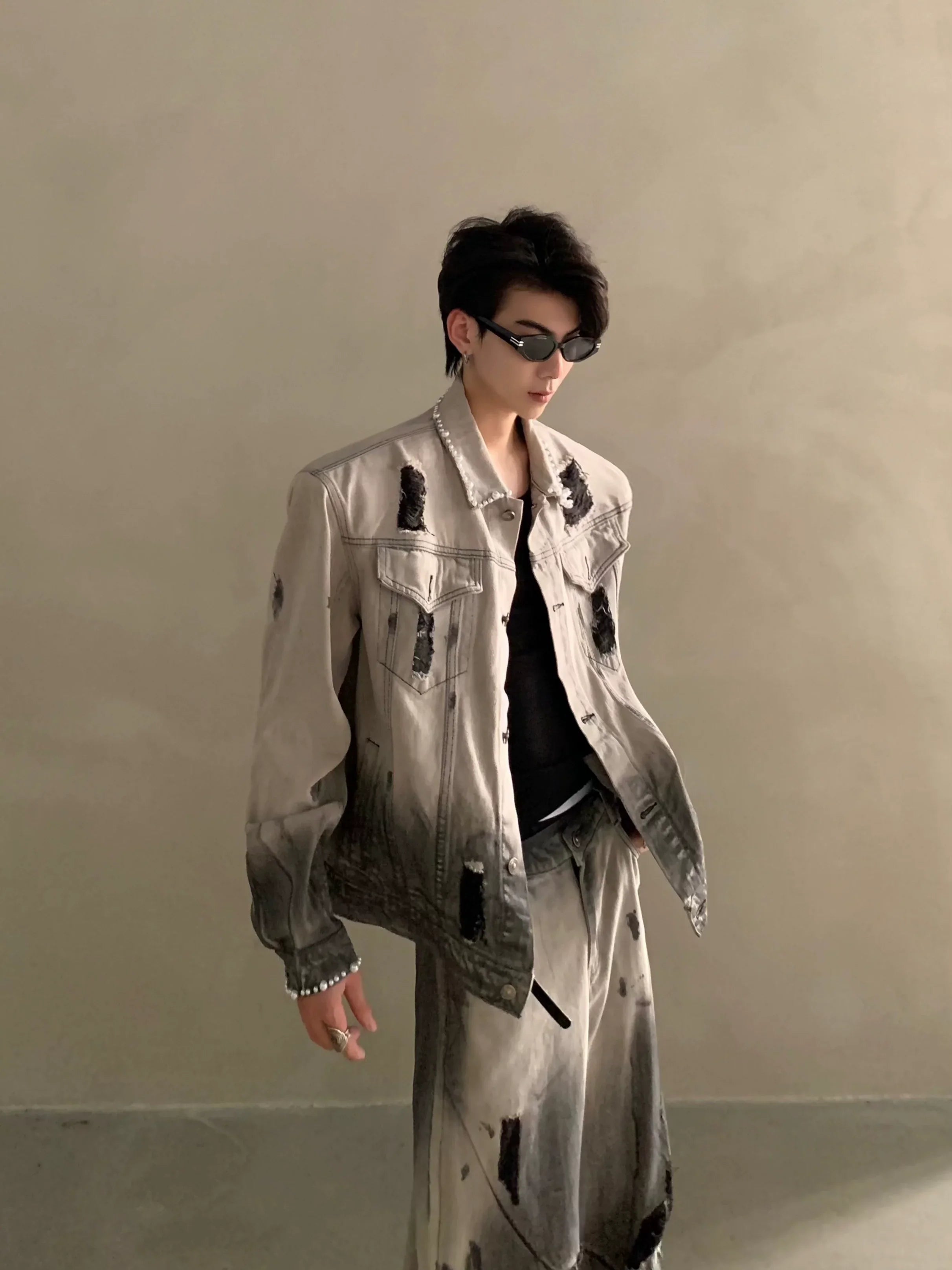 Niche waste soil tie-dye hole design shoulder padded denim jacket men's high-end suit tide FE0587