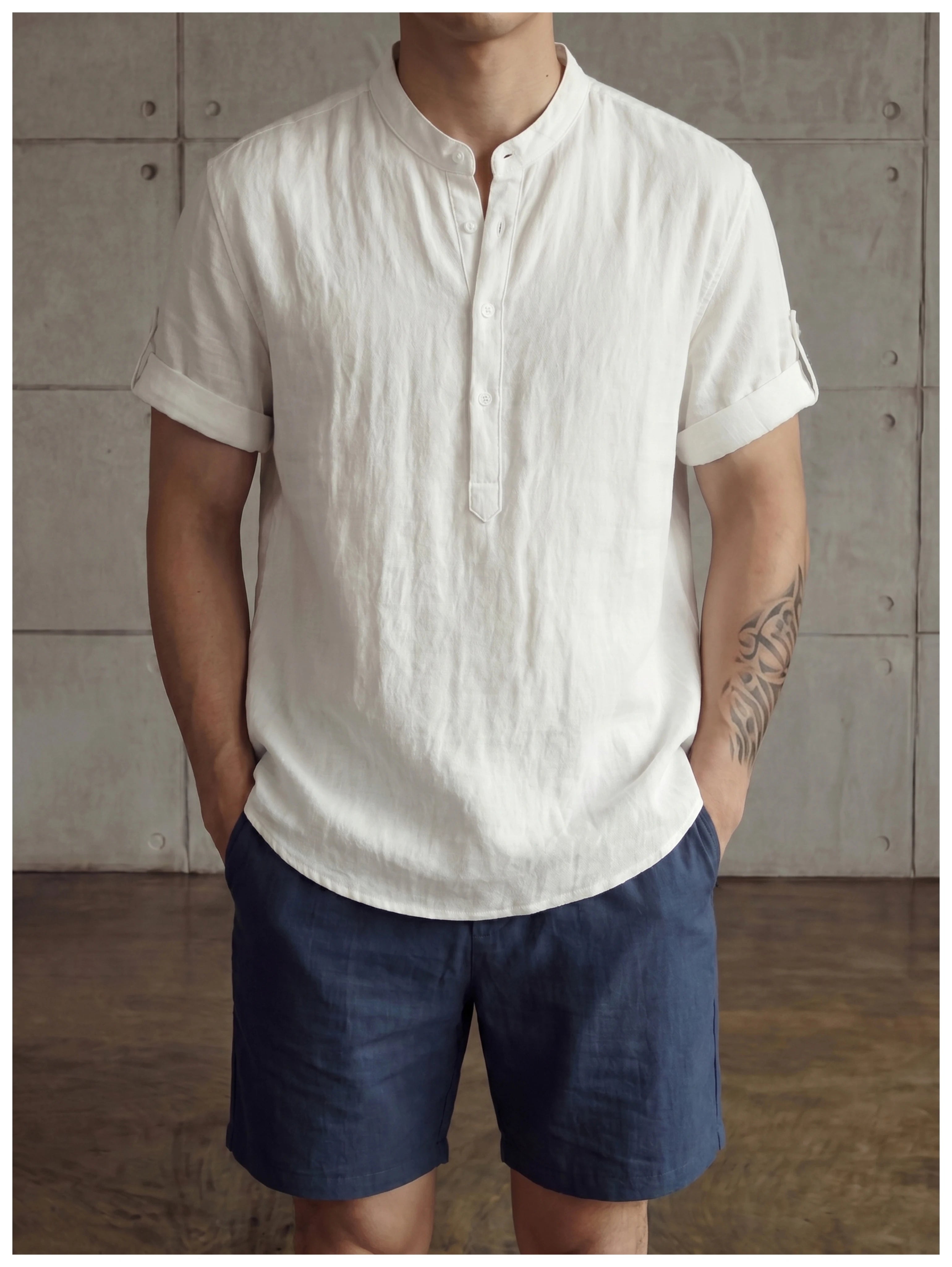Old money wind adjustable five-quarter sleeve stand-up collar shirt FE0732