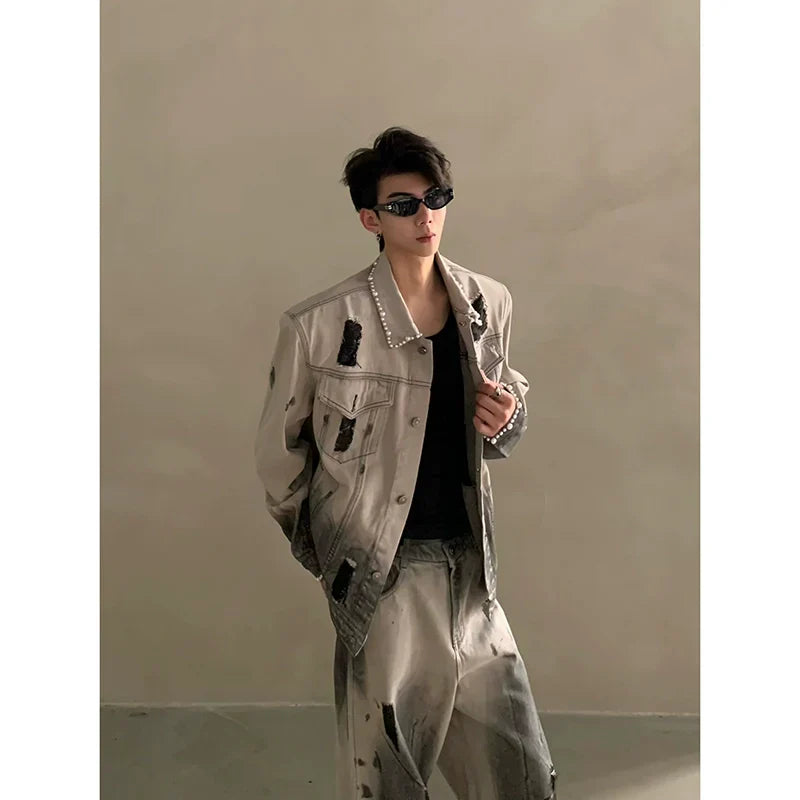 Niche waste soil tie-dye hole design shoulder padded denim jacket men's high-end suit tide FE0587