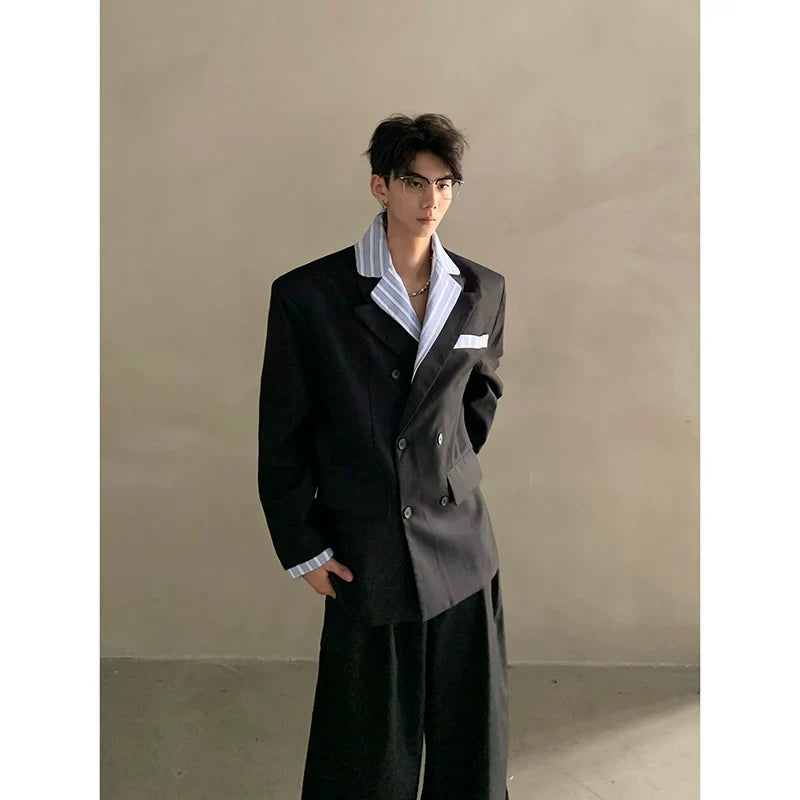 Niche high-end Miu striped shirt collar shoulder padded suit men's ruffian handsome suit jacket FE0585