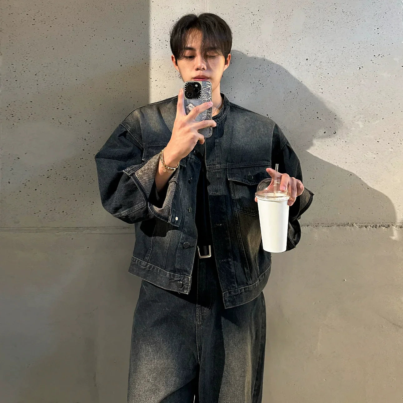 Ruffian handsome retro stand-up collar denim jacket men's spring and autumn loose wide-leg jeans Korean fashion suit FE0581