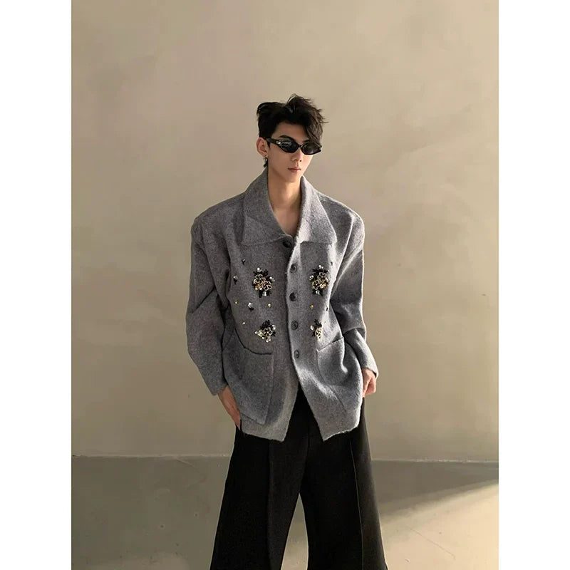 Autumn and winter niche high-end sense of extravagance heavy industry nail flower design knitted sweater men's cardigan jacket tide FE0635