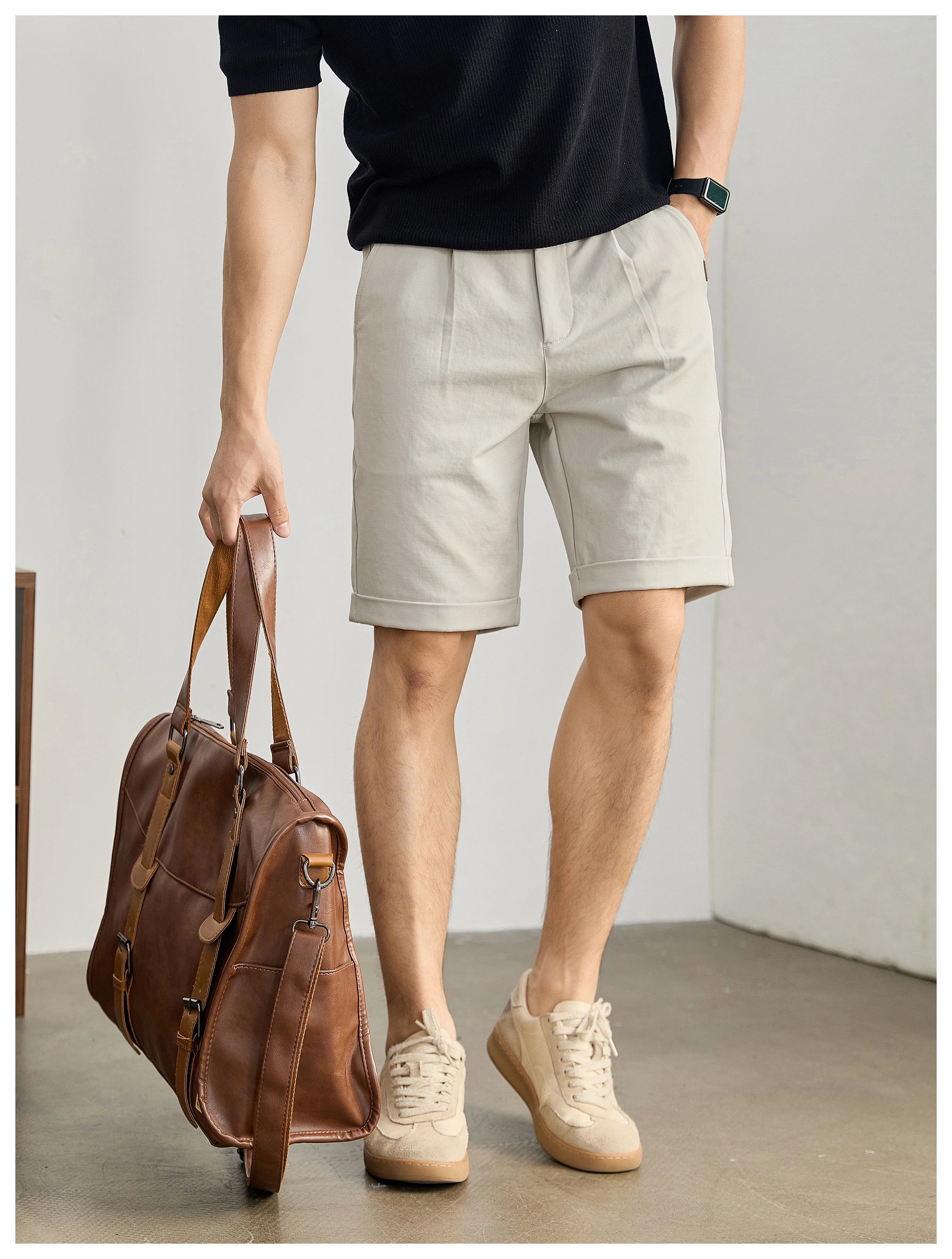 High-end light and mature wind semi-elastic waist pants twill texture pants, curled straight shorts FE0733