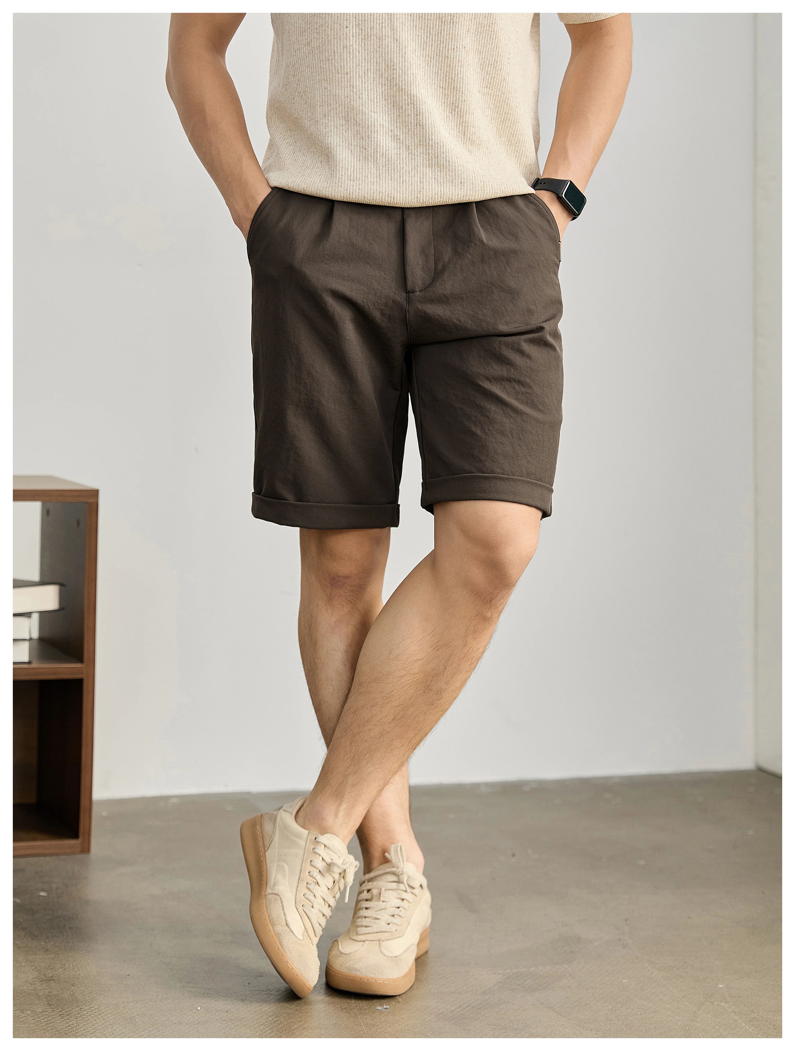 High-end light and mature wind semi-elastic waist pants twill texture pants, curled straight shorts FE0733
