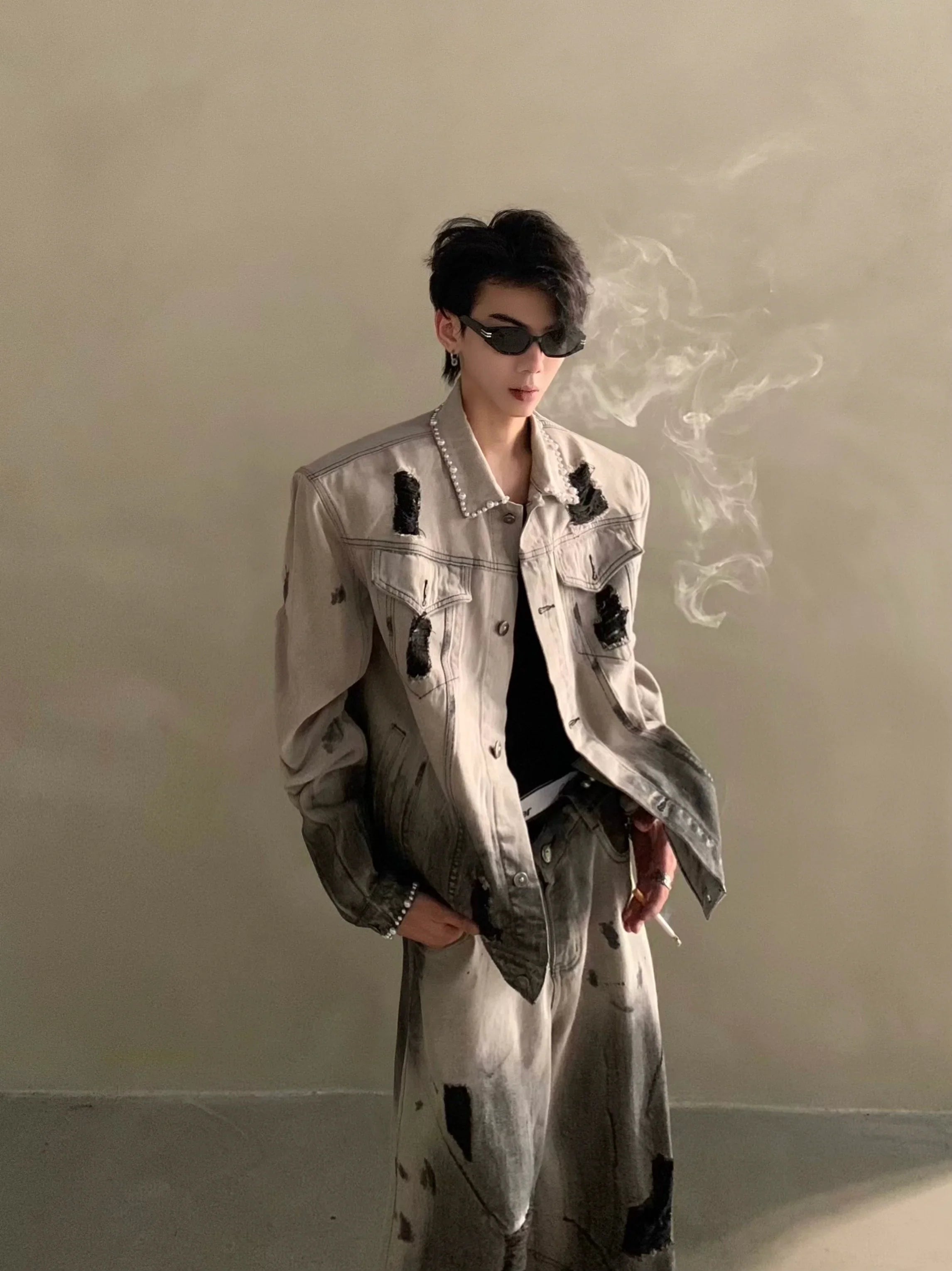 Niche waste soil tie-dye hole design shoulder padded denim jacket men's high-end suit tide FE0587