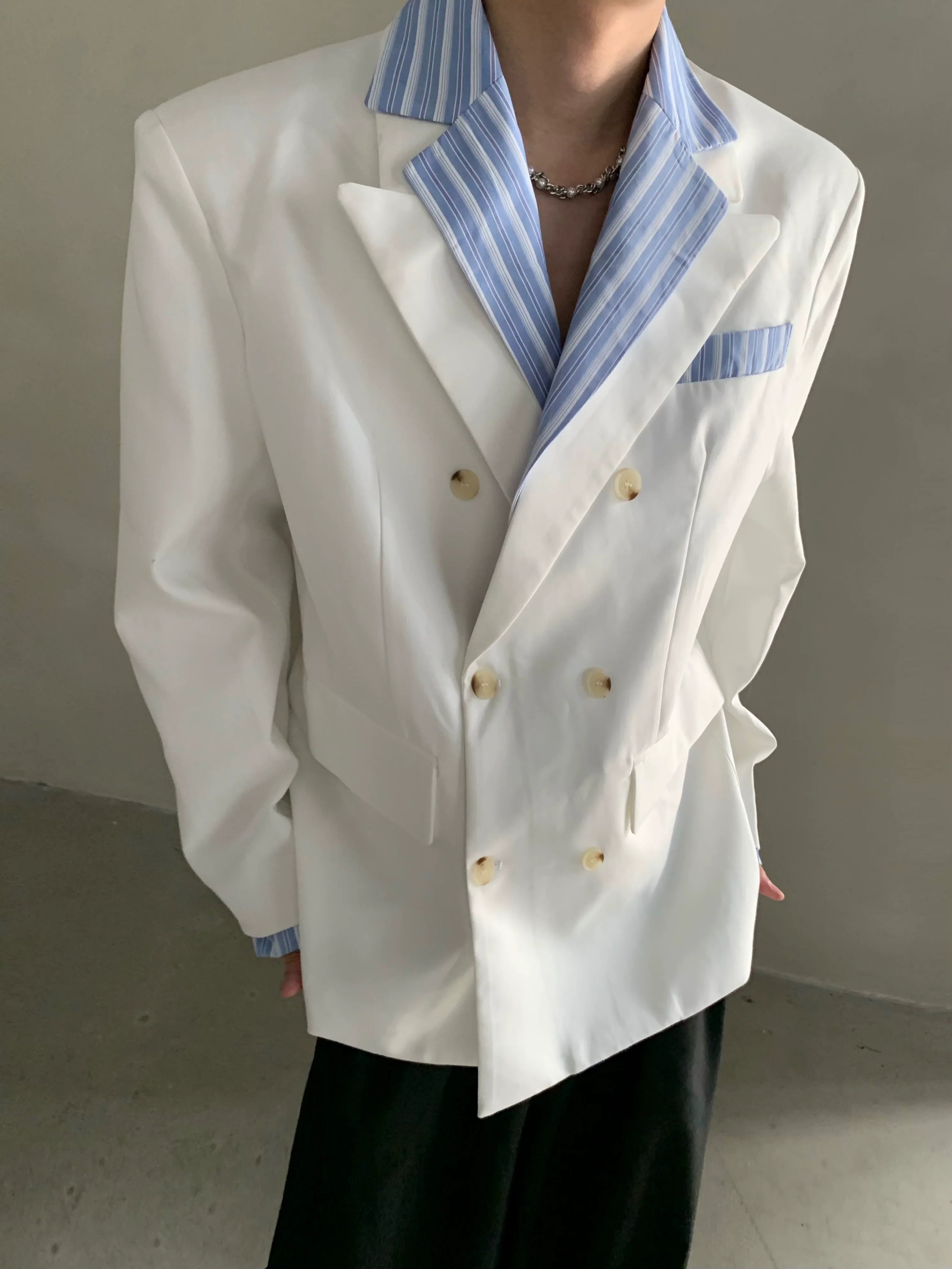 Niche high-end Miu striped shirt collar shoulder padded suit men's ruffian handsome suit jacket FE0585