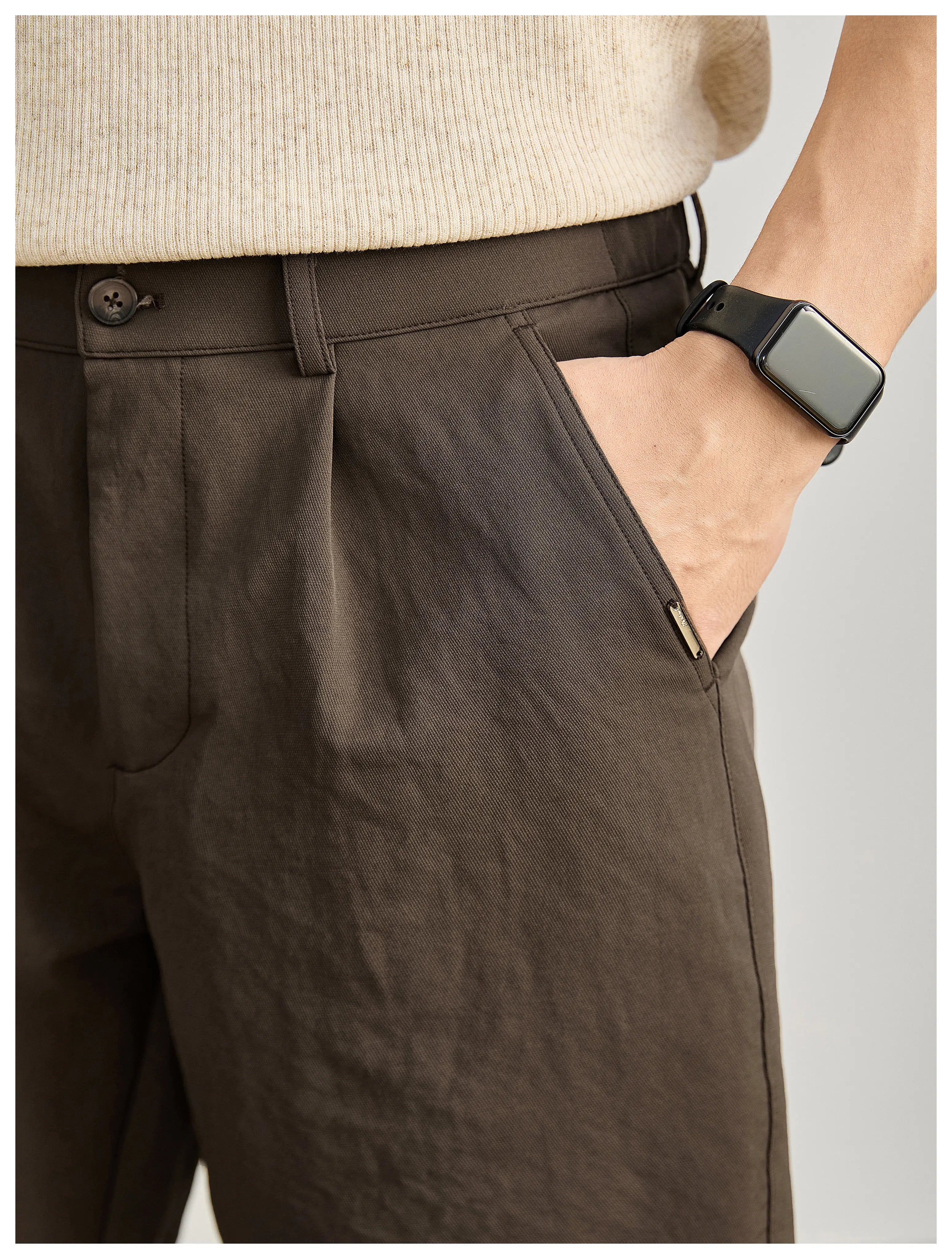 High-end light and mature wind semi-elastic waist pants twill texture pants, curled straight shorts FE0733