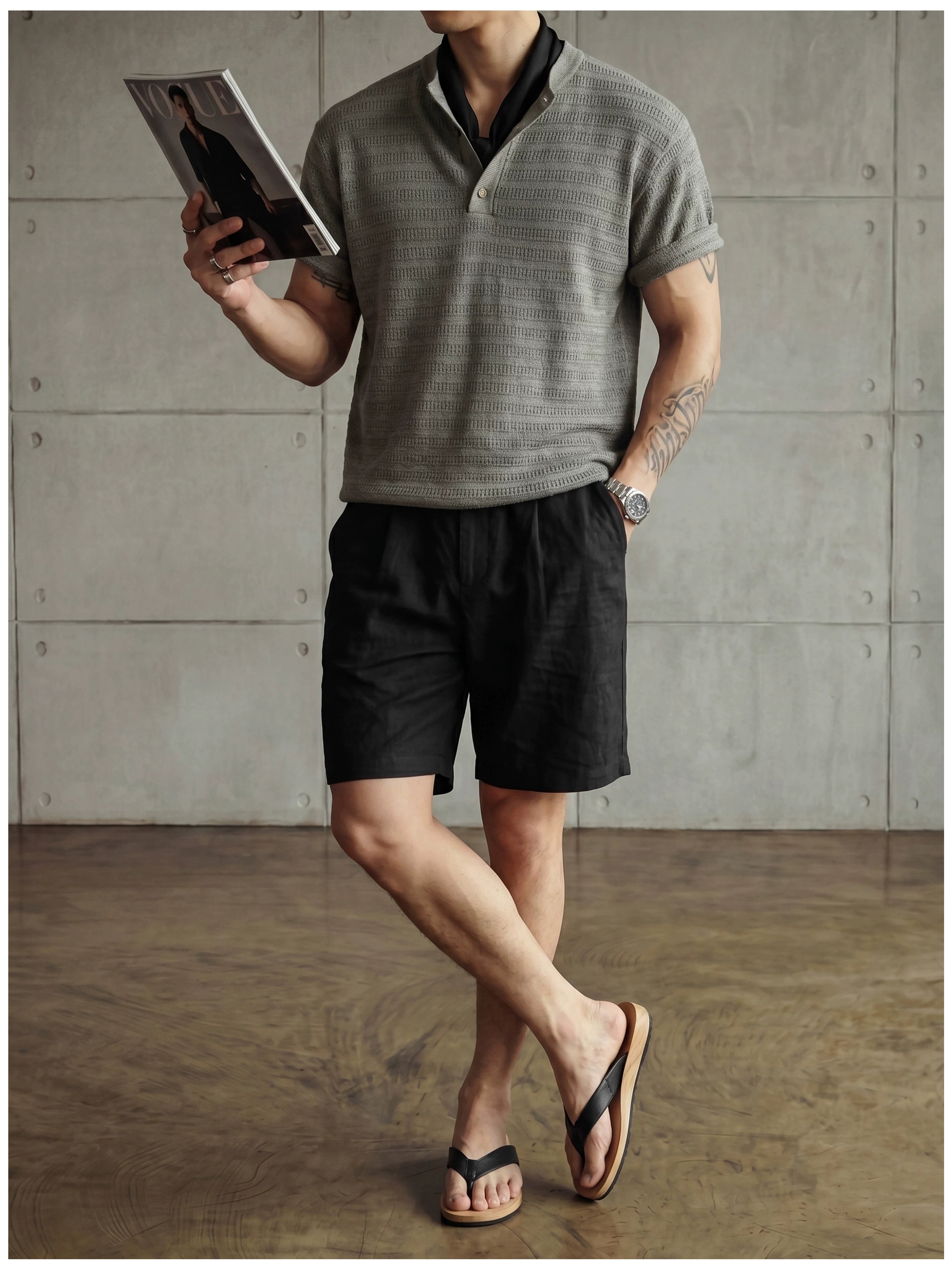 Jacquard horizontal pattern hollow texture knitted short-sleeved T-shirt FE0737