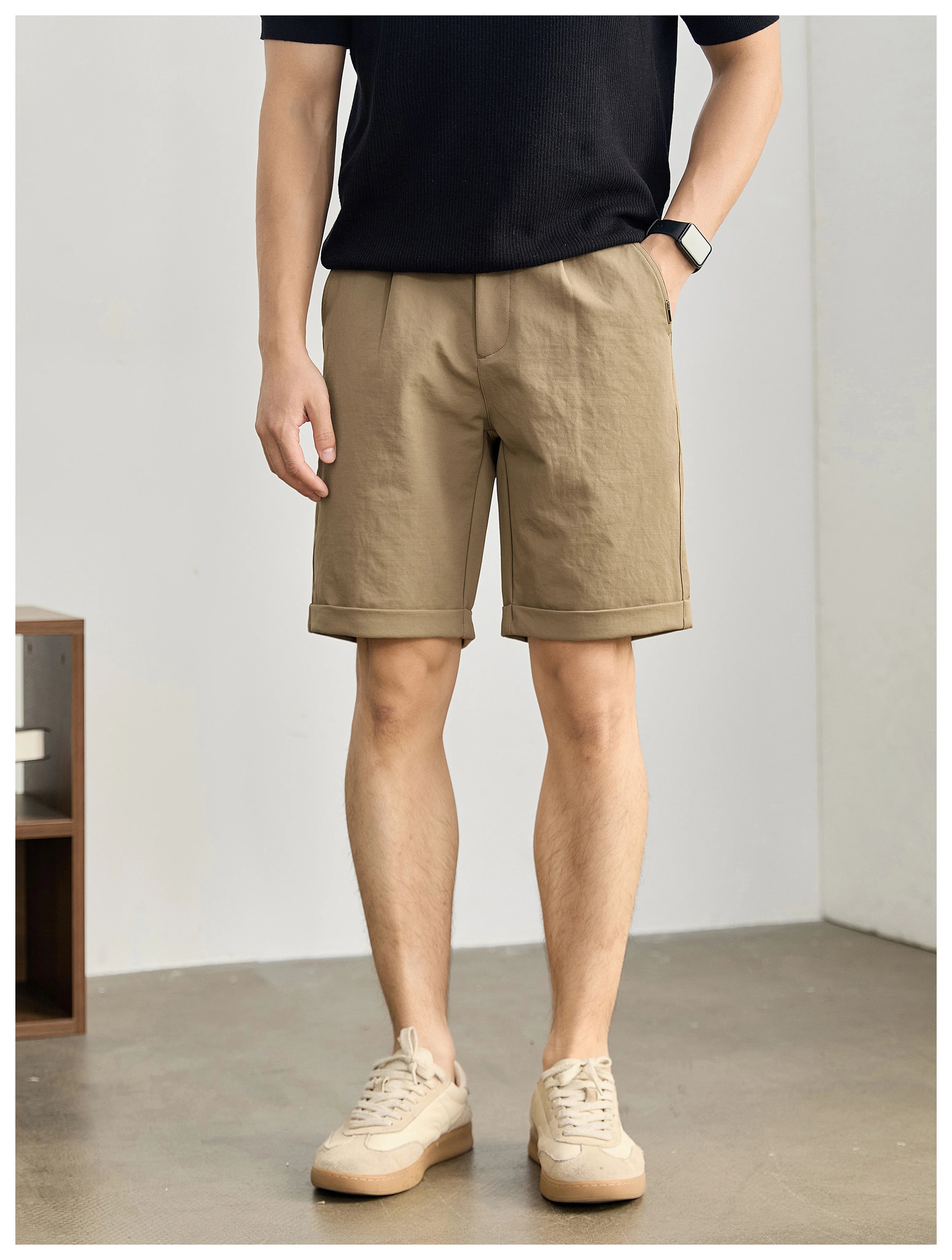High-end light and mature wind semi-elastic waist pants twill texture pants, curled straight shorts FE0733