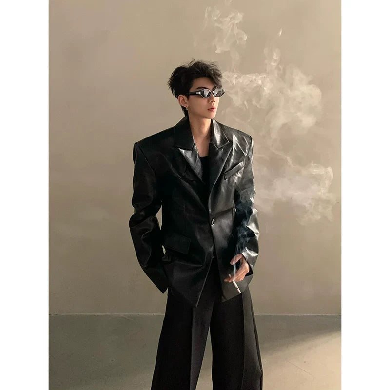 Autumn and winter niche high-end silhouette shoulder pads pu leather jacket men's light luxury ruffian handsome suit jacket FE0588