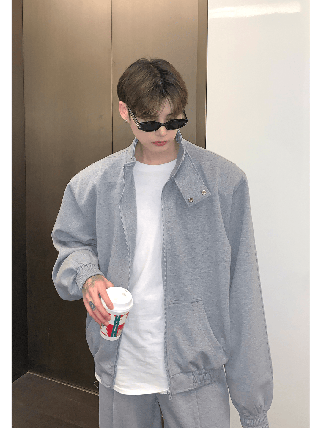 [CUIBUJU] Stand collar shoulder pad cardigan sweater set-up FE0657