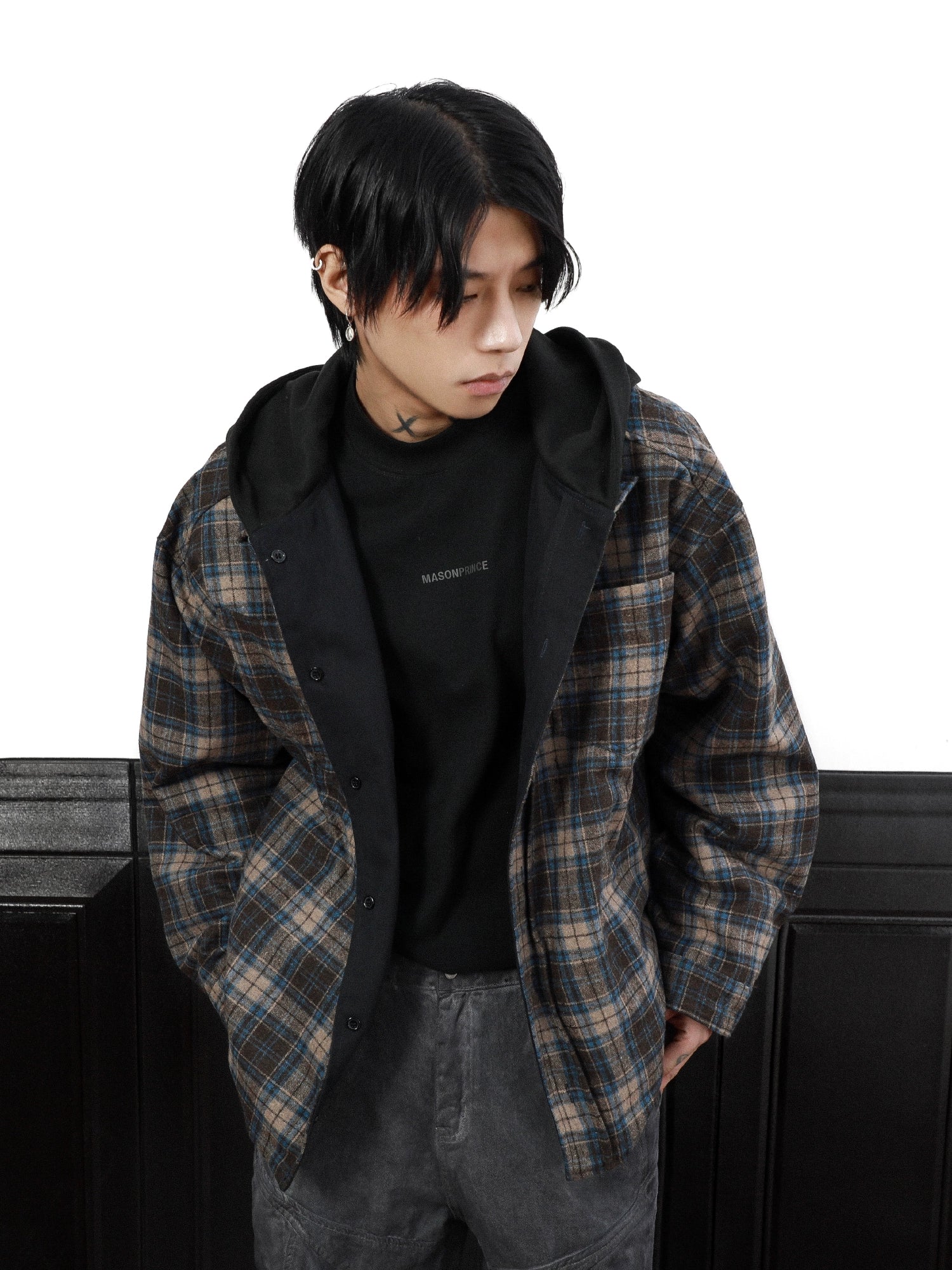 American retro double-sided plaid hooded jacket jacket men's niche spring loose couple sweater FE0647