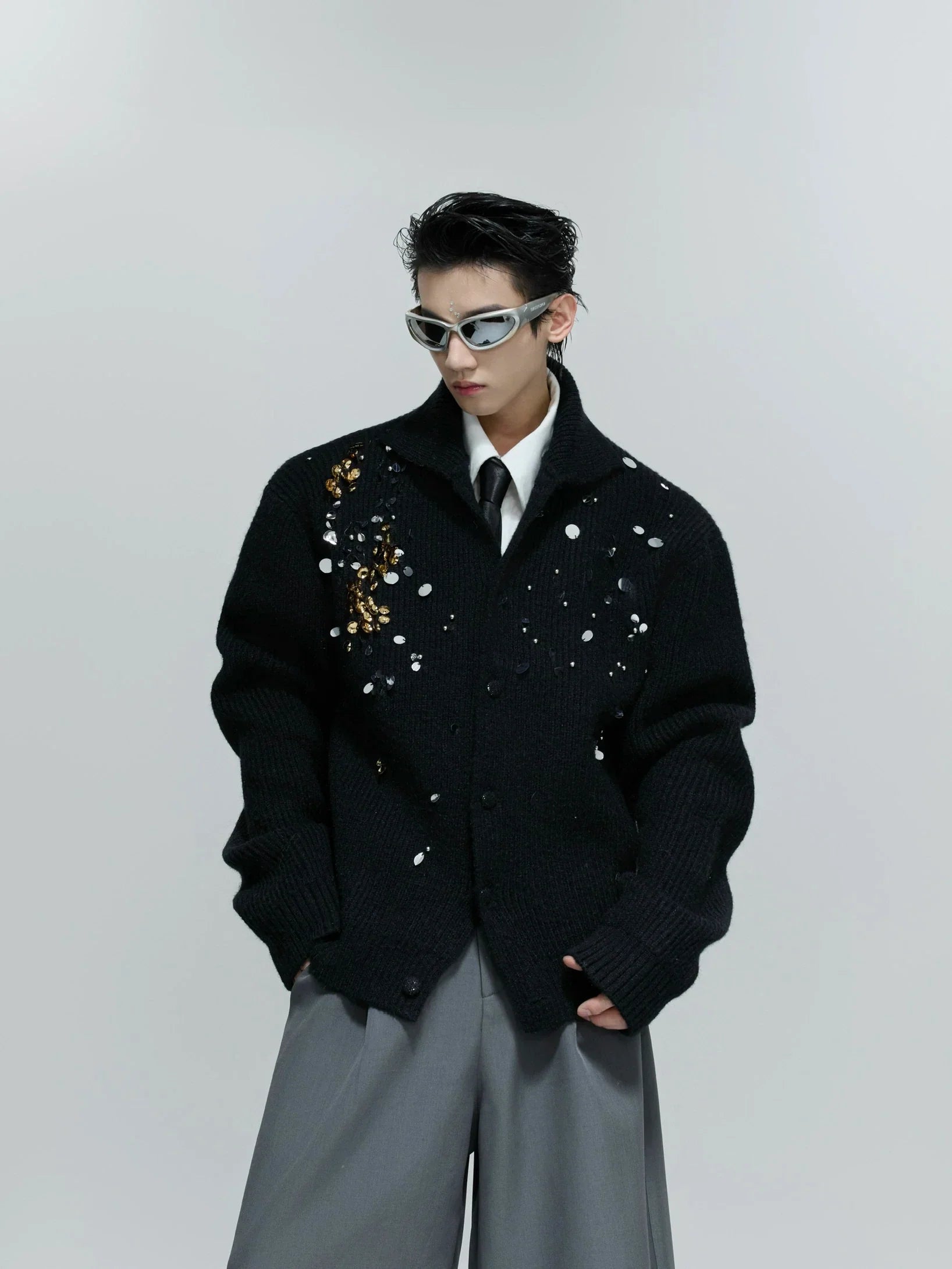 Niche heavy industry sequined design sense turtleneck sweater extravagant lazy knitted sweater jacket winter FE0643