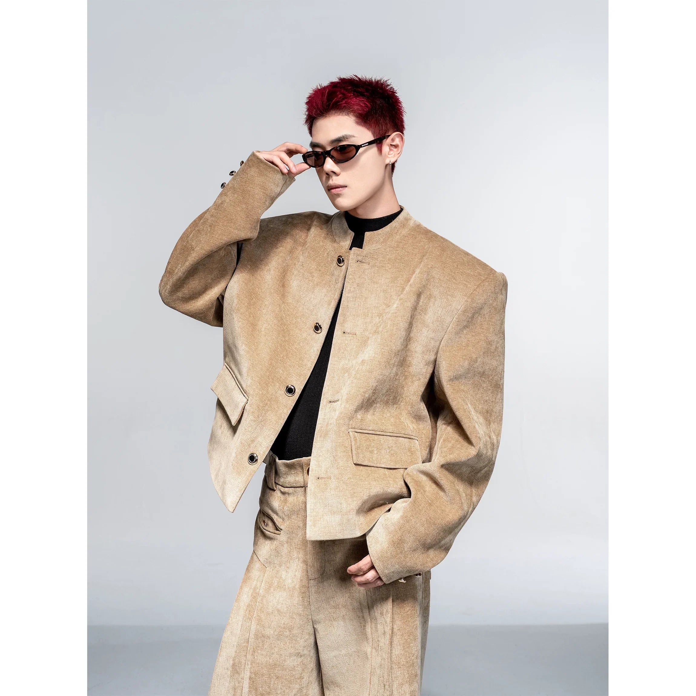 High-end suit suit men's autumn and winter casual suit jacket shoulder padded jacket velvet wide-leg pants two-piece set FE0601