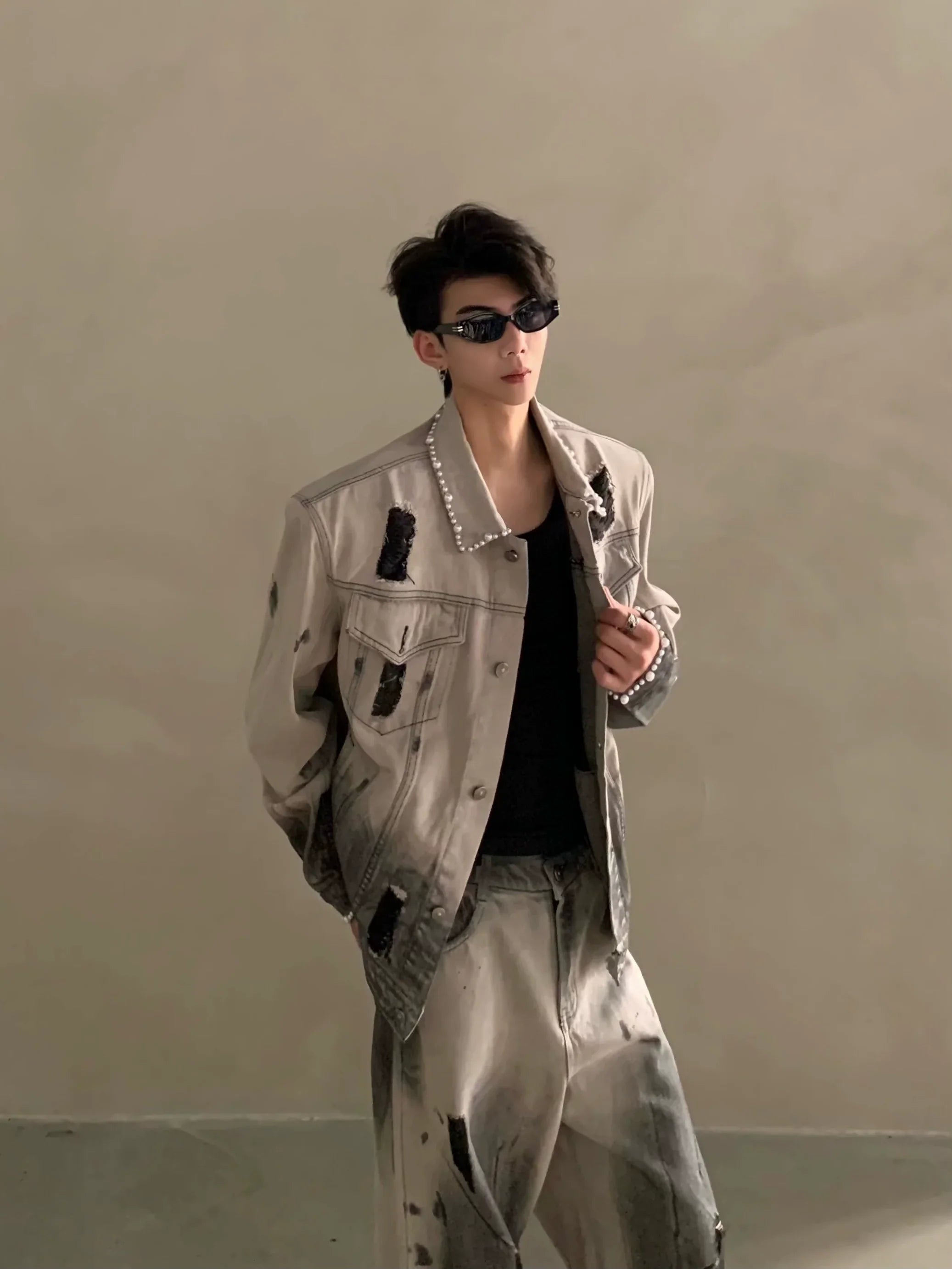 Niche waste soil tie-dye hole design shoulder padded denim jacket men's high-end suit tide FE0587