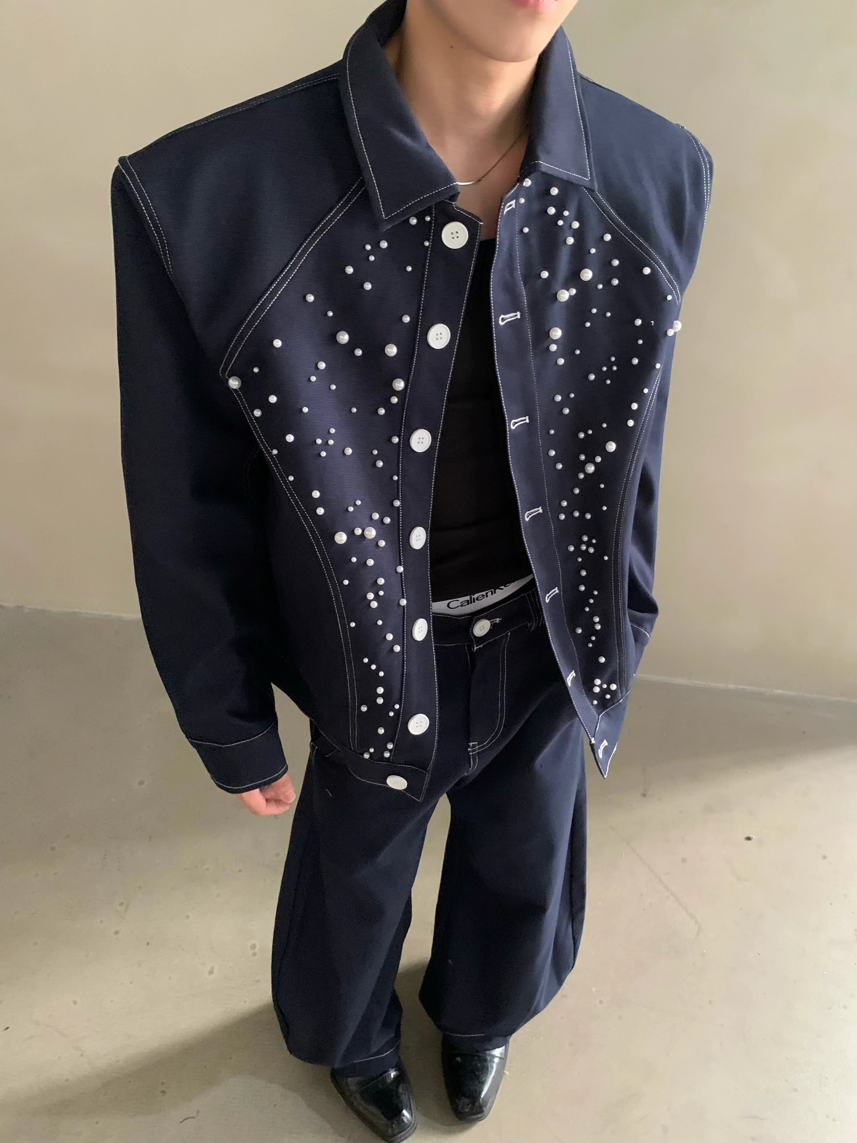 Niche high-end sense light luxury bright diamond pearl design denim jacket men's ruffian handsome fashion suit tide FE0586