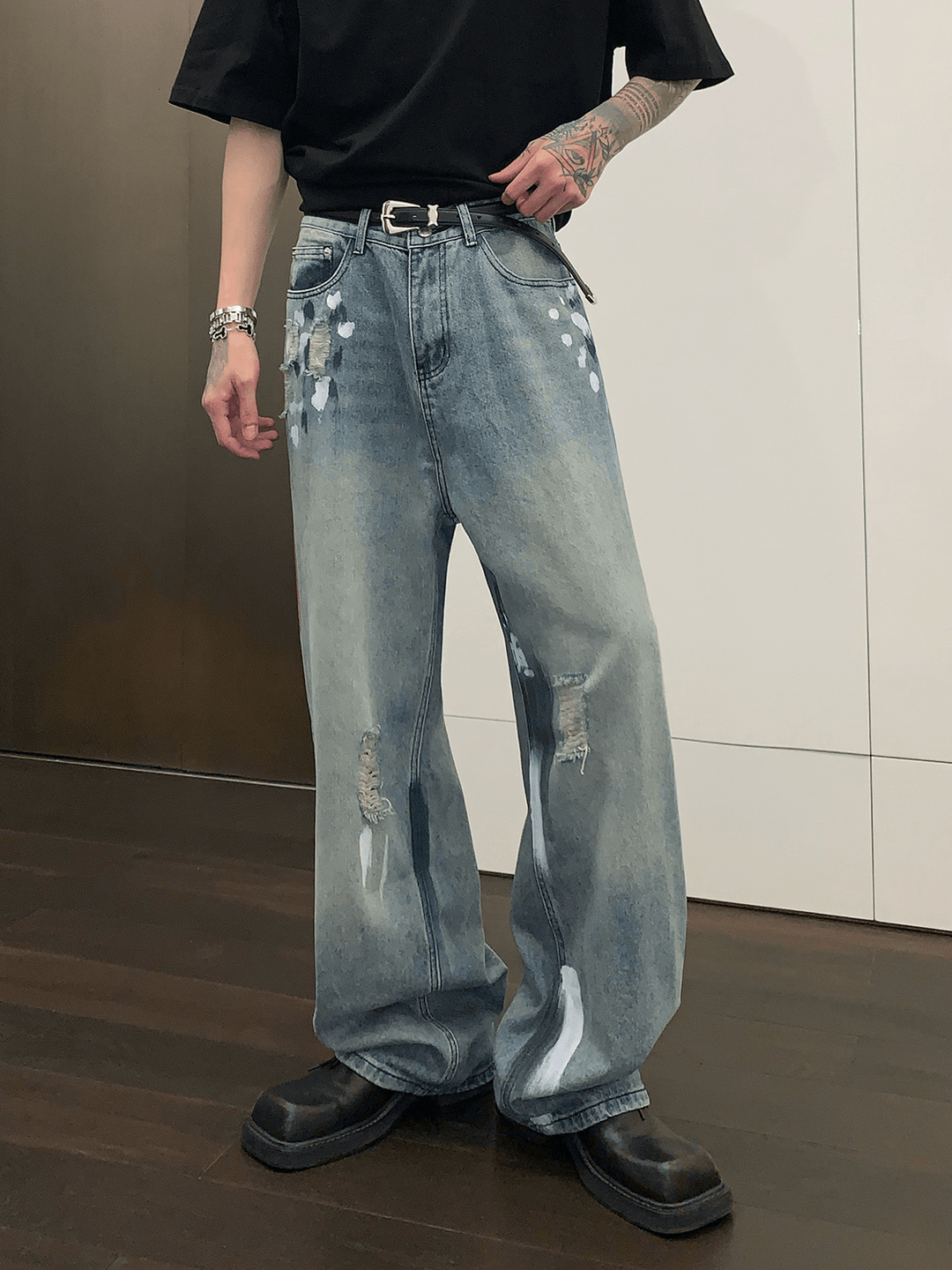 street graffiti contrast color straight jeans   FE0103