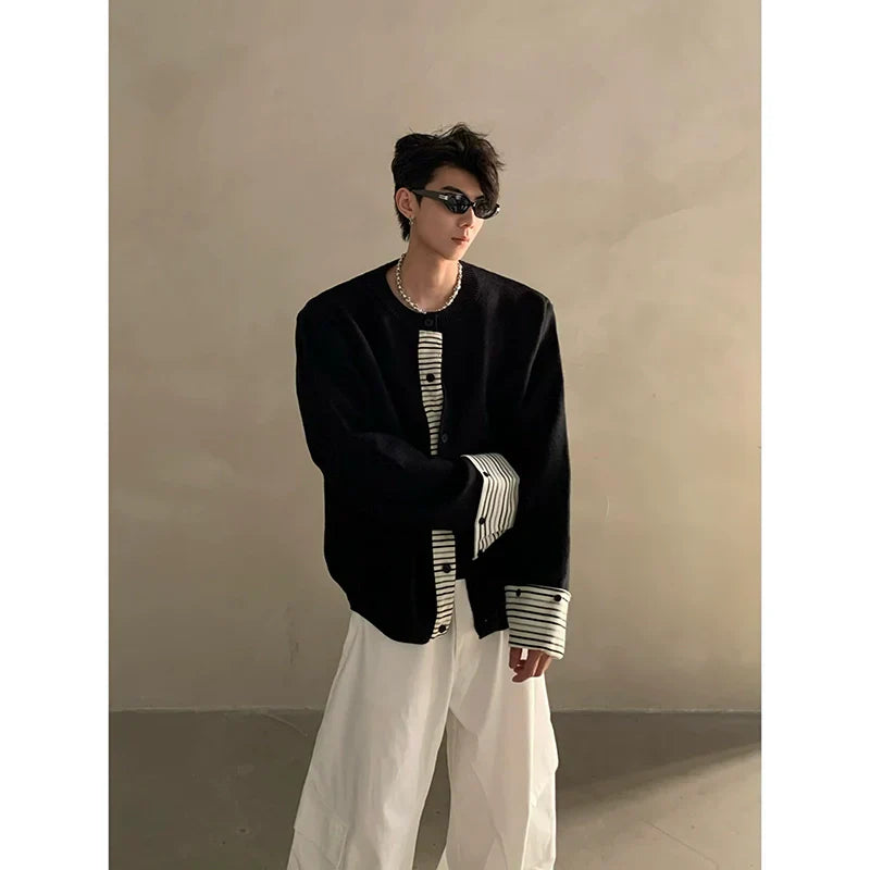 Autumn and winter layered fake two-piece striped splicing knitted sweater men's high-end cardigan jacket tide  FE0637
