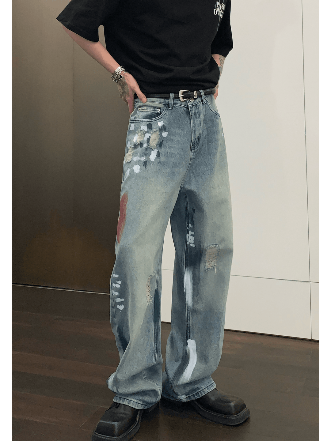 street graffiti contrast color straight jeans   FE0103