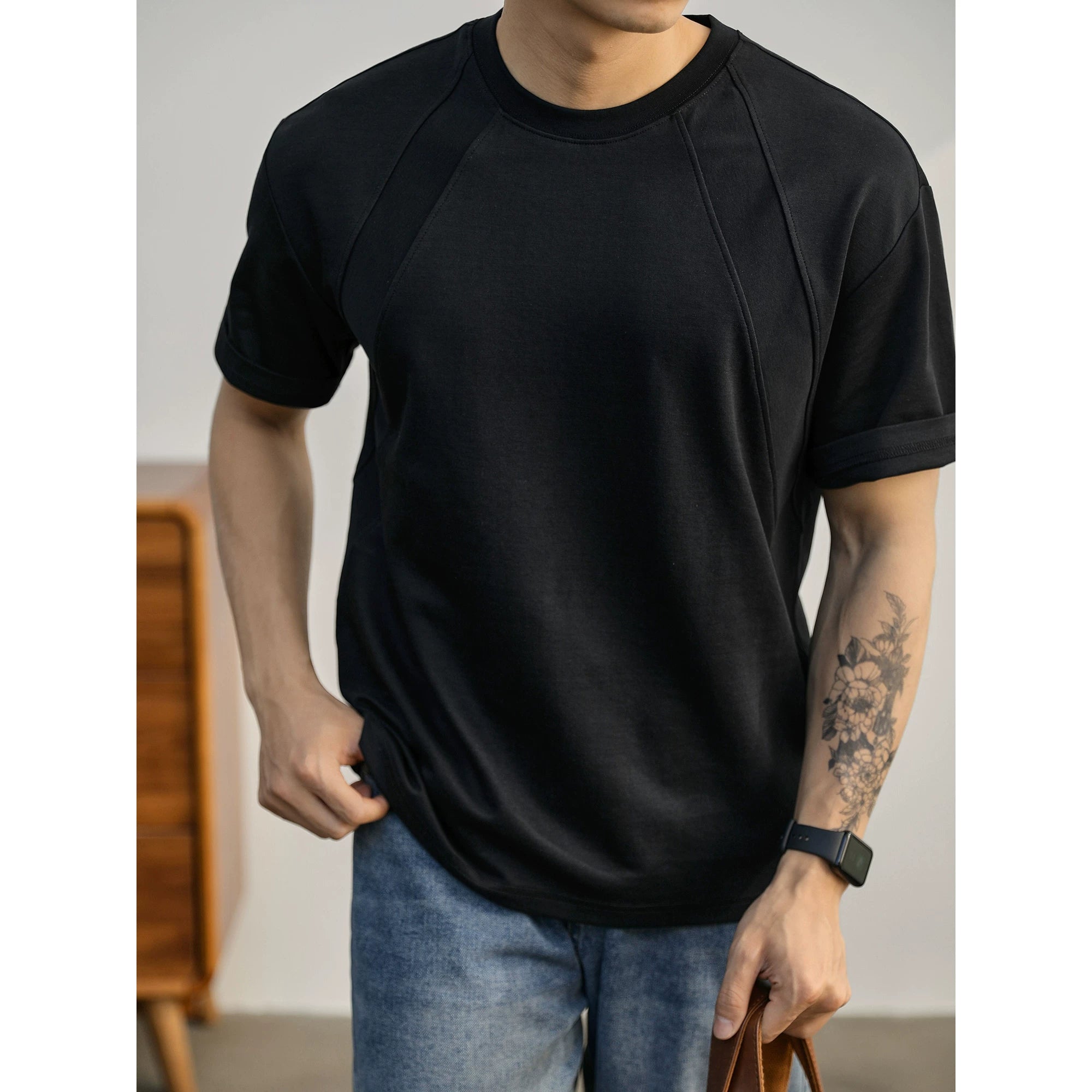 Summer American Splicing Micro Wide Half Sleeve Deconstruction Crisp T-Shirt FE0734