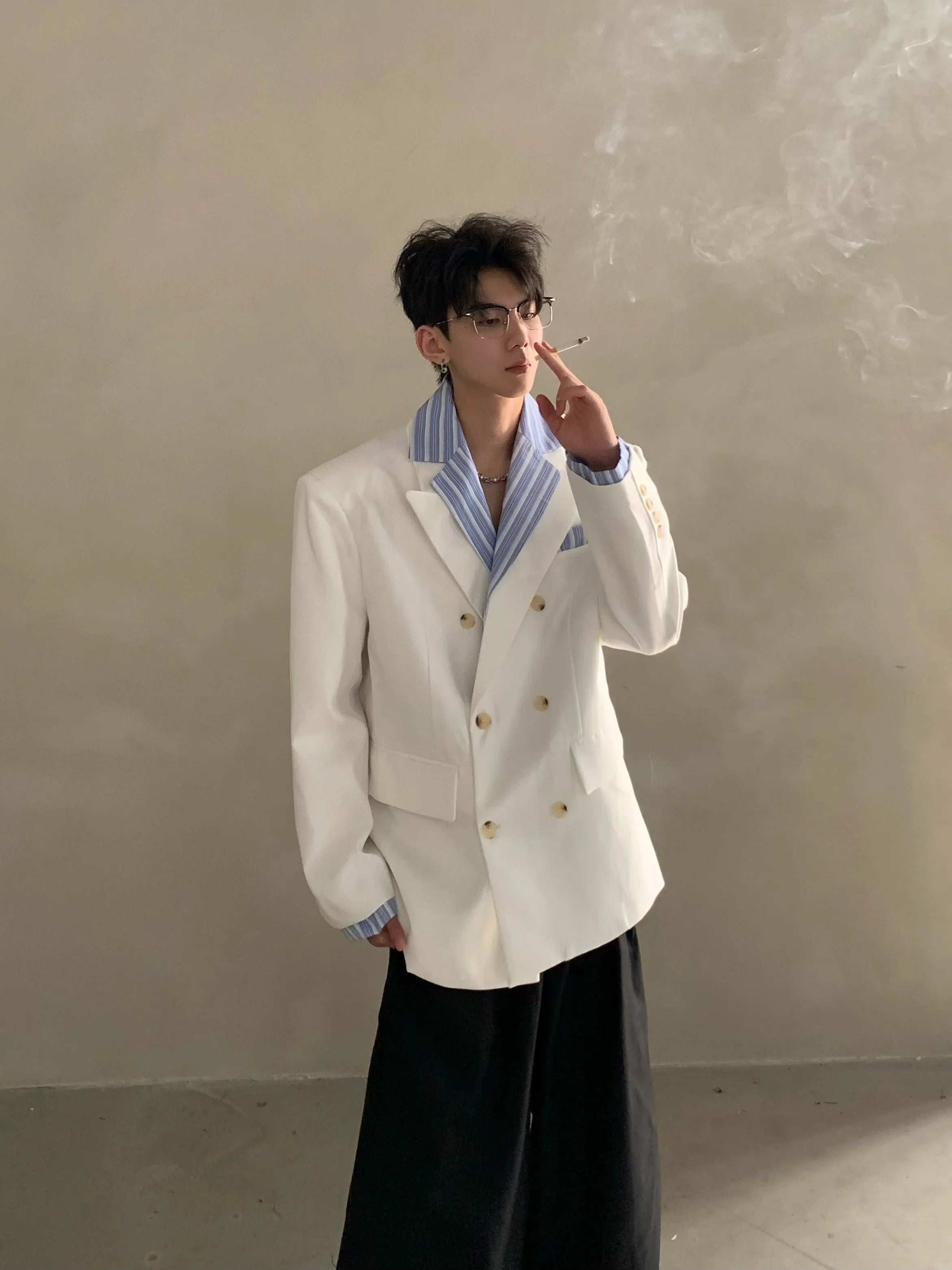 Niche high-end Miu striped shirt collar shoulder padded suit men's ruffian handsome suit jacket FE0585