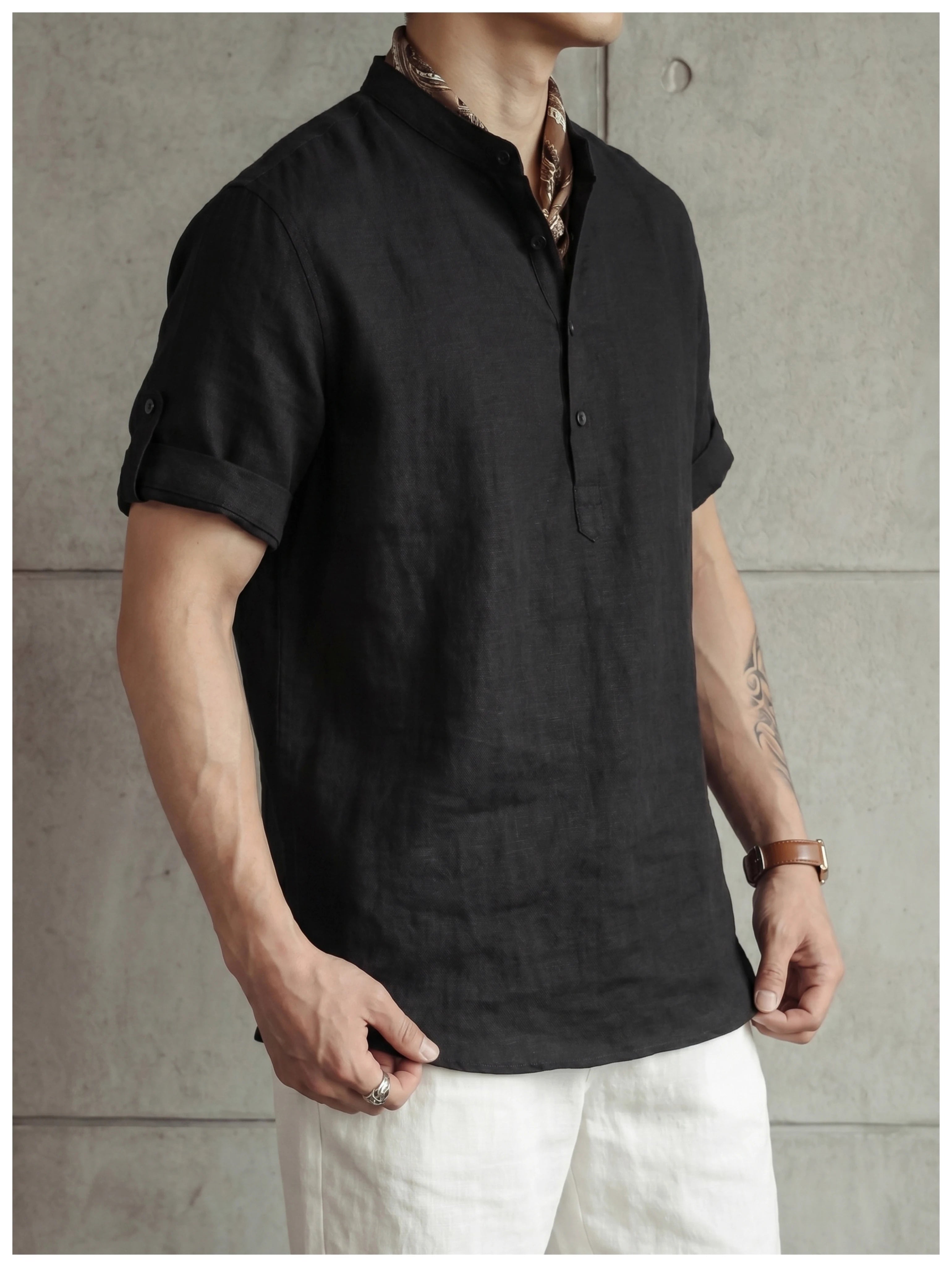 Old money wind adjustable five-quarter sleeve stand-up collar shirt FE0732