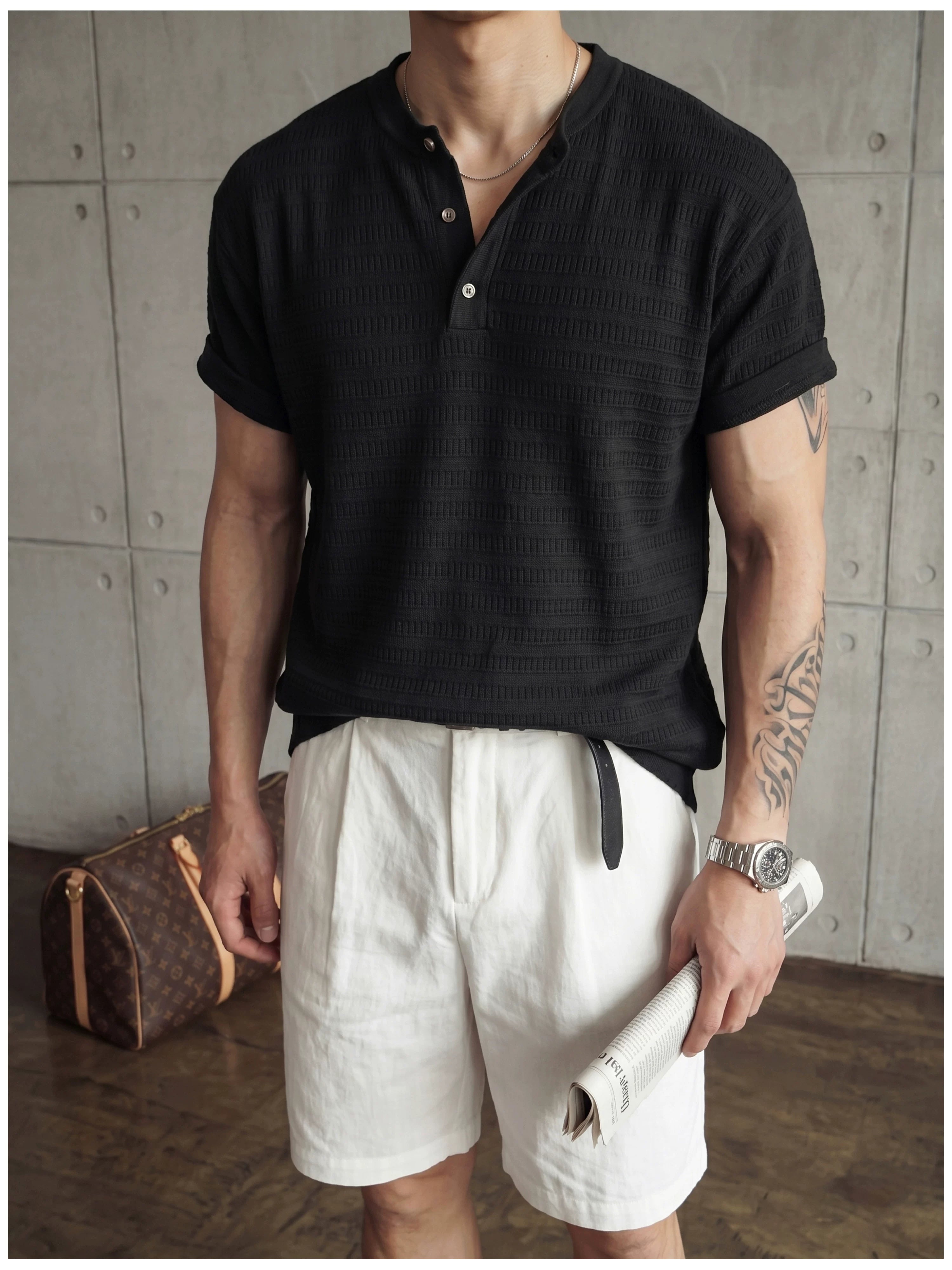 Jacquard horizontal pattern hollow texture knitted short-sleeved T-shirt FE0737