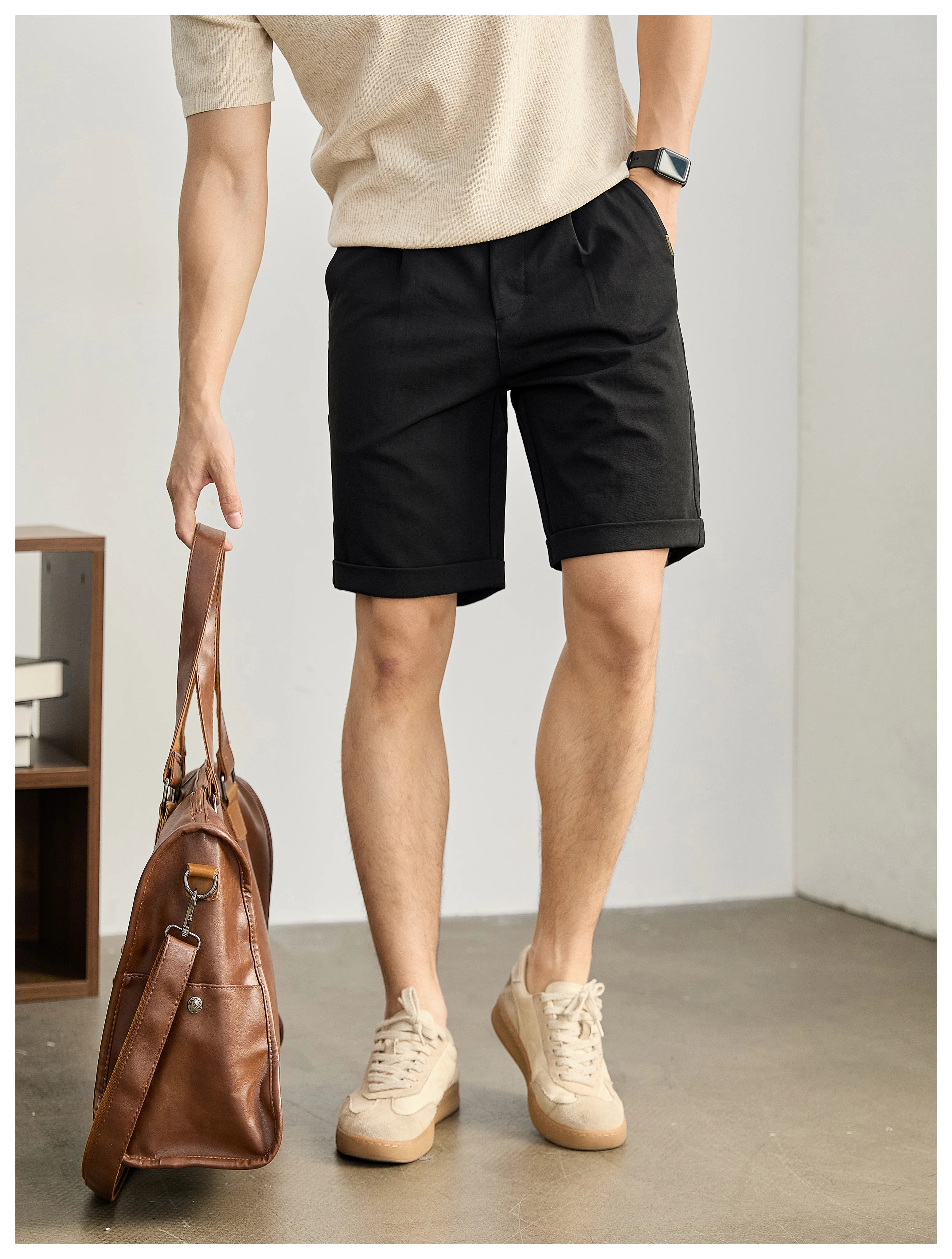 High-end light and mature wind semi-elastic waist pants twill texture pants, curled straight shorts FE0733