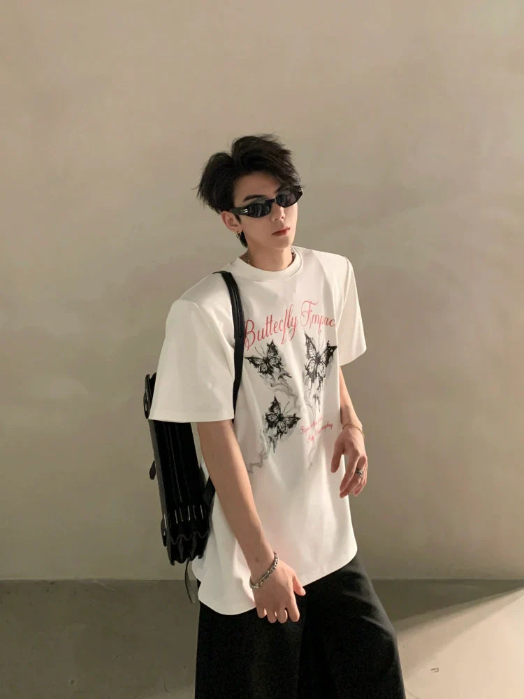 Summer niche high-end butterfly printing heavy shoulder pads short-sleeved T-shirt men's half-sleeved top tide FE0533
