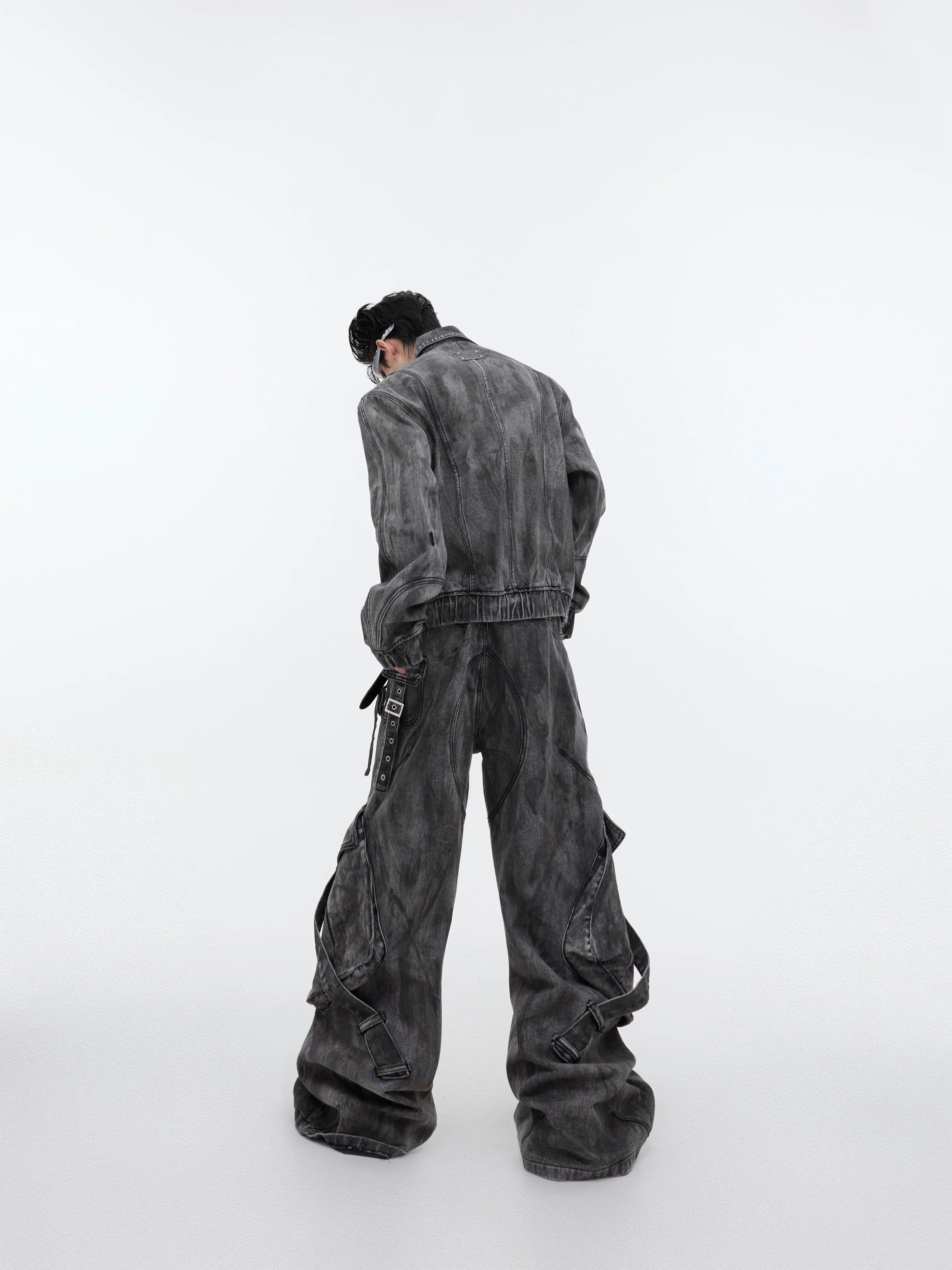 Niche retro old denim suit jacket jacket wasteland heavy zipper big pocket overalls FE0596