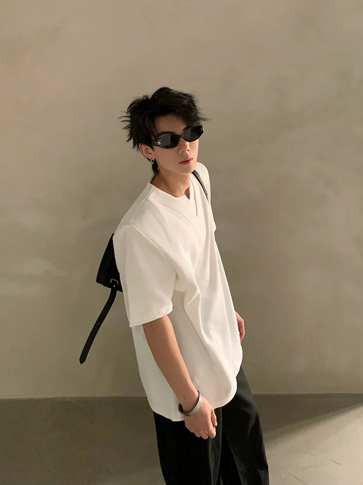 Summer high-end V-neck metal decorative shoulder pads short-sleeved T-shirt male ruffian handsome loose half-sleeved top FE0536