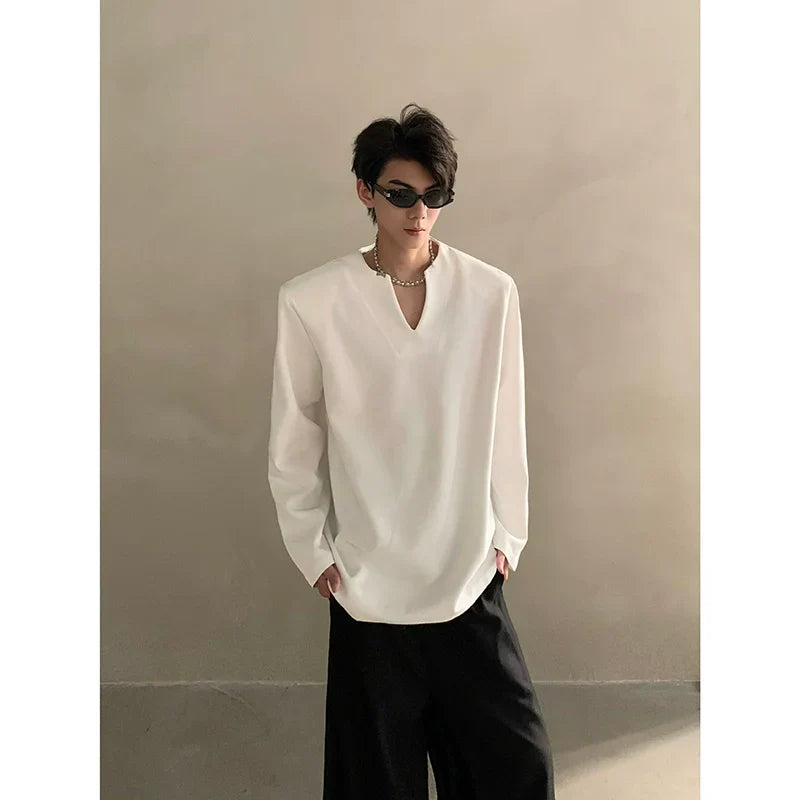 Summer high-end V-neck metal decorative shoulder pads short-sleeved T-shirt male ruffian handsome loose half-sleeved top FE0536