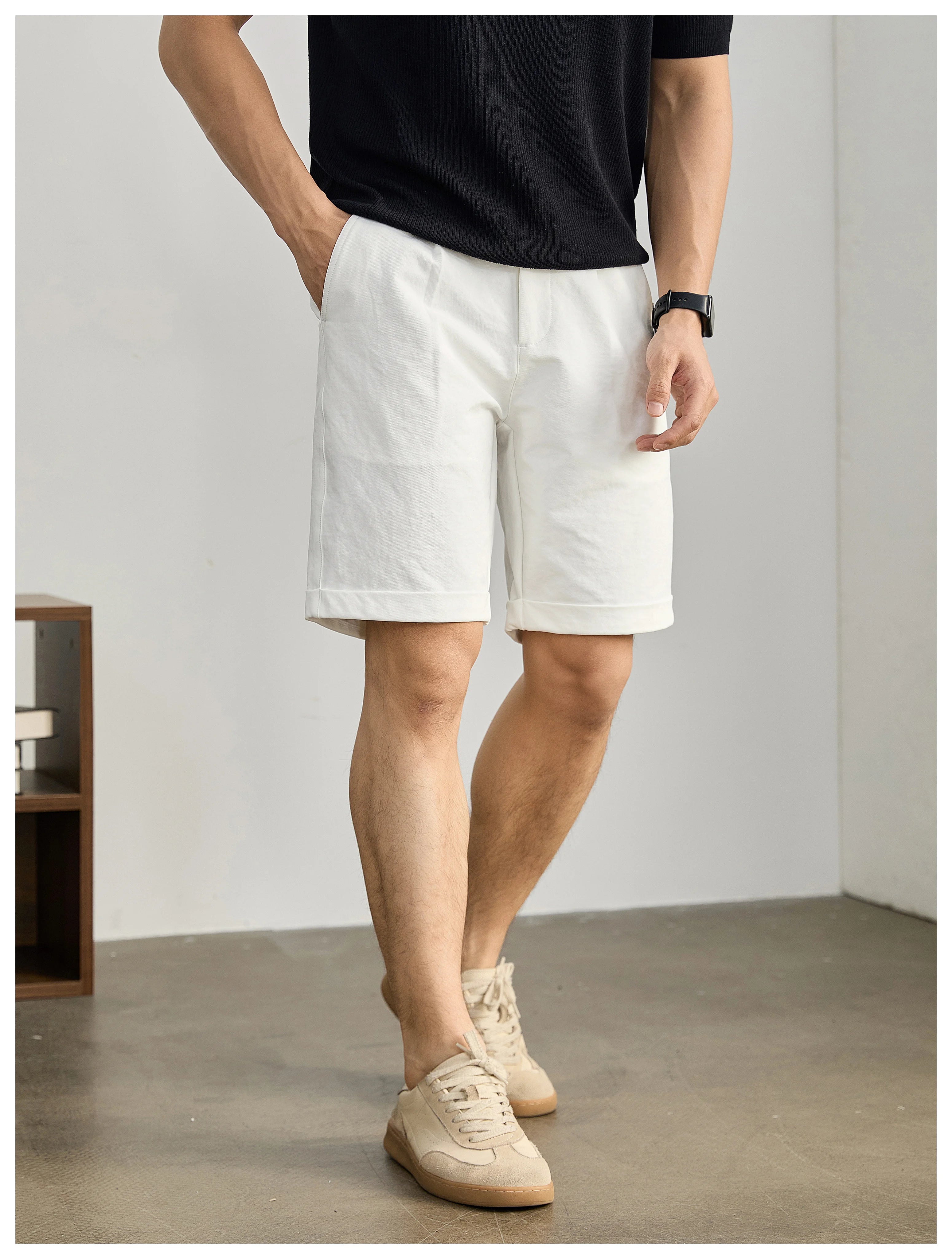 High-end light and mature wind semi-elastic waist pants twill texture pants, curled straight shorts FE0733