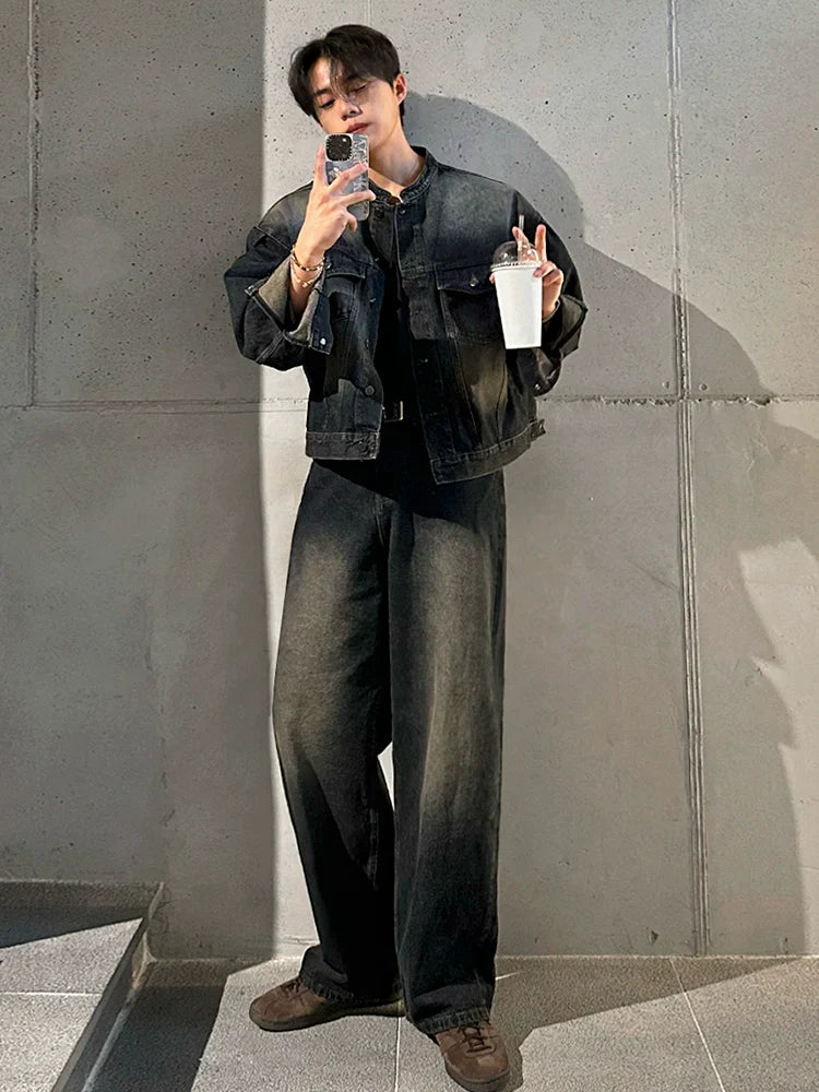 Ruffian handsome retro stand-up collar denim jacket men's spring and autumn loose wide-leg jeans Korean fashion suit FE0581