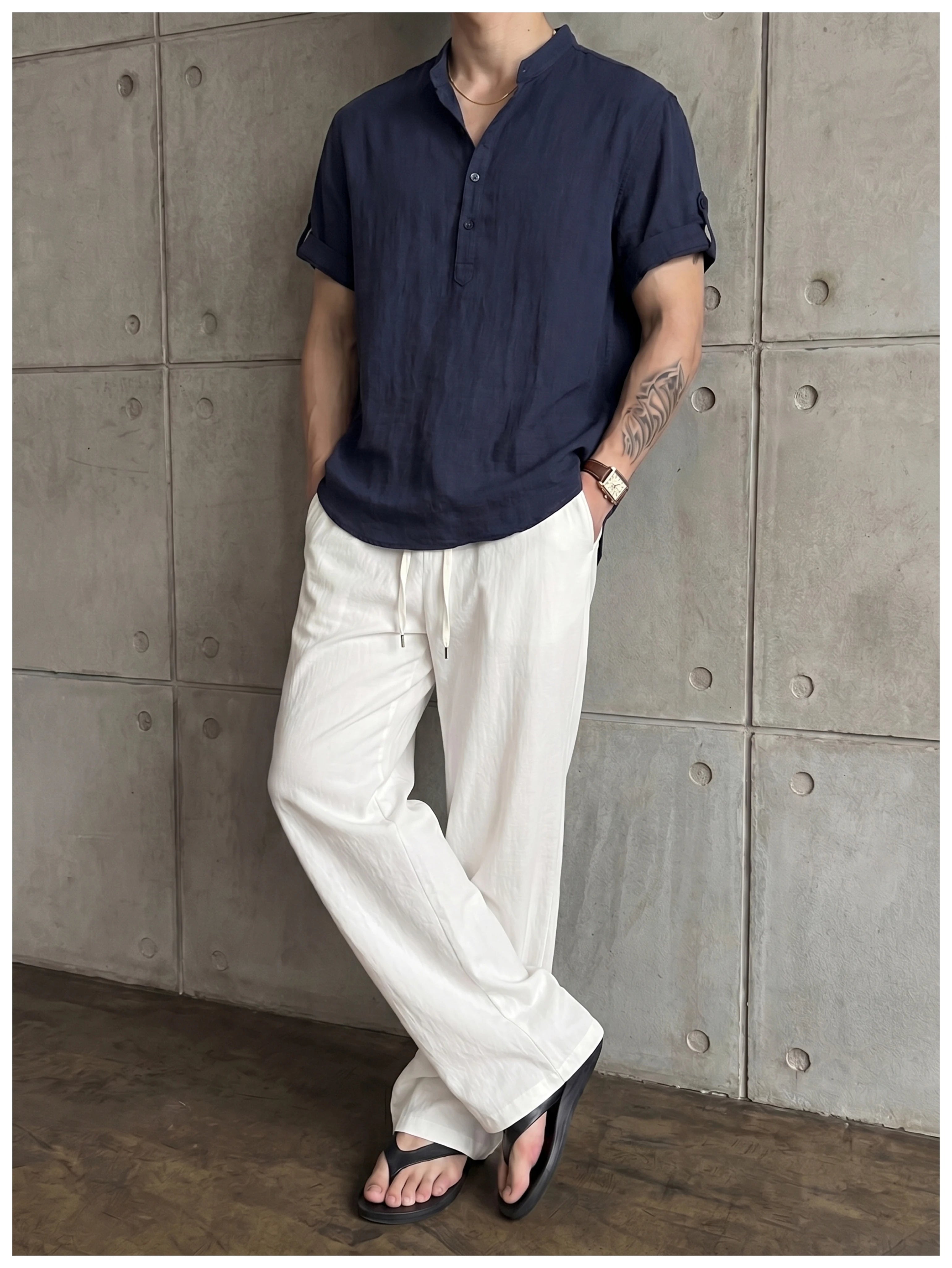 Old money wind adjustable five-quarter sleeve stand-up collar shirt FE0732