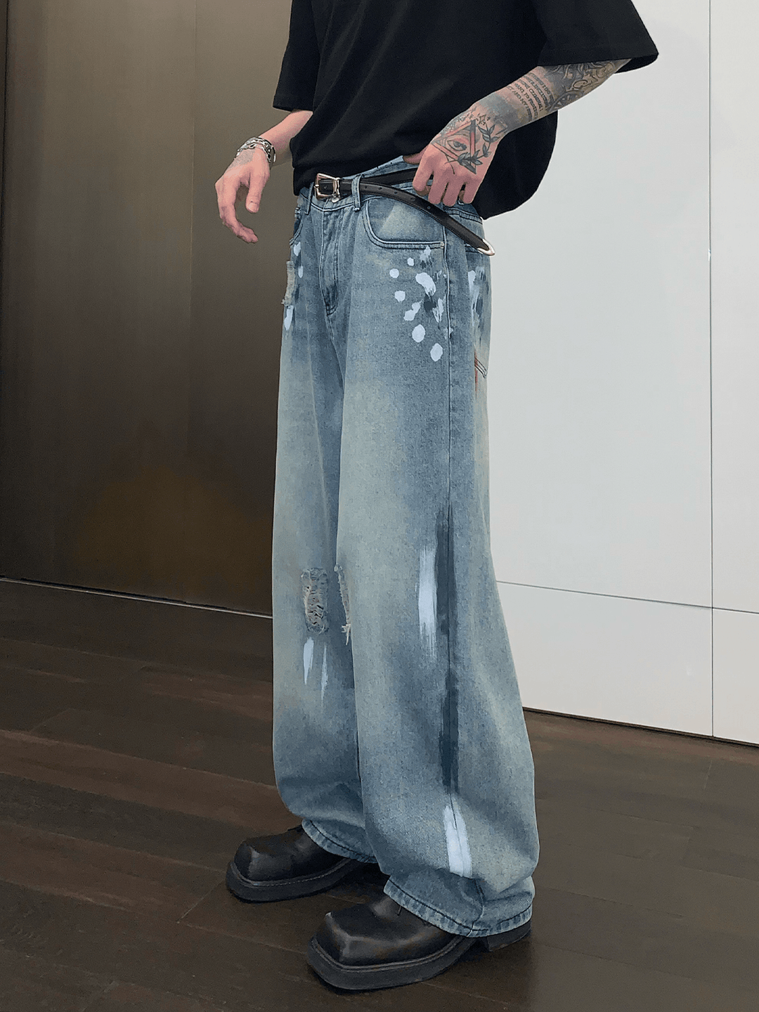 street graffiti contrast color straight jeans   FE0103