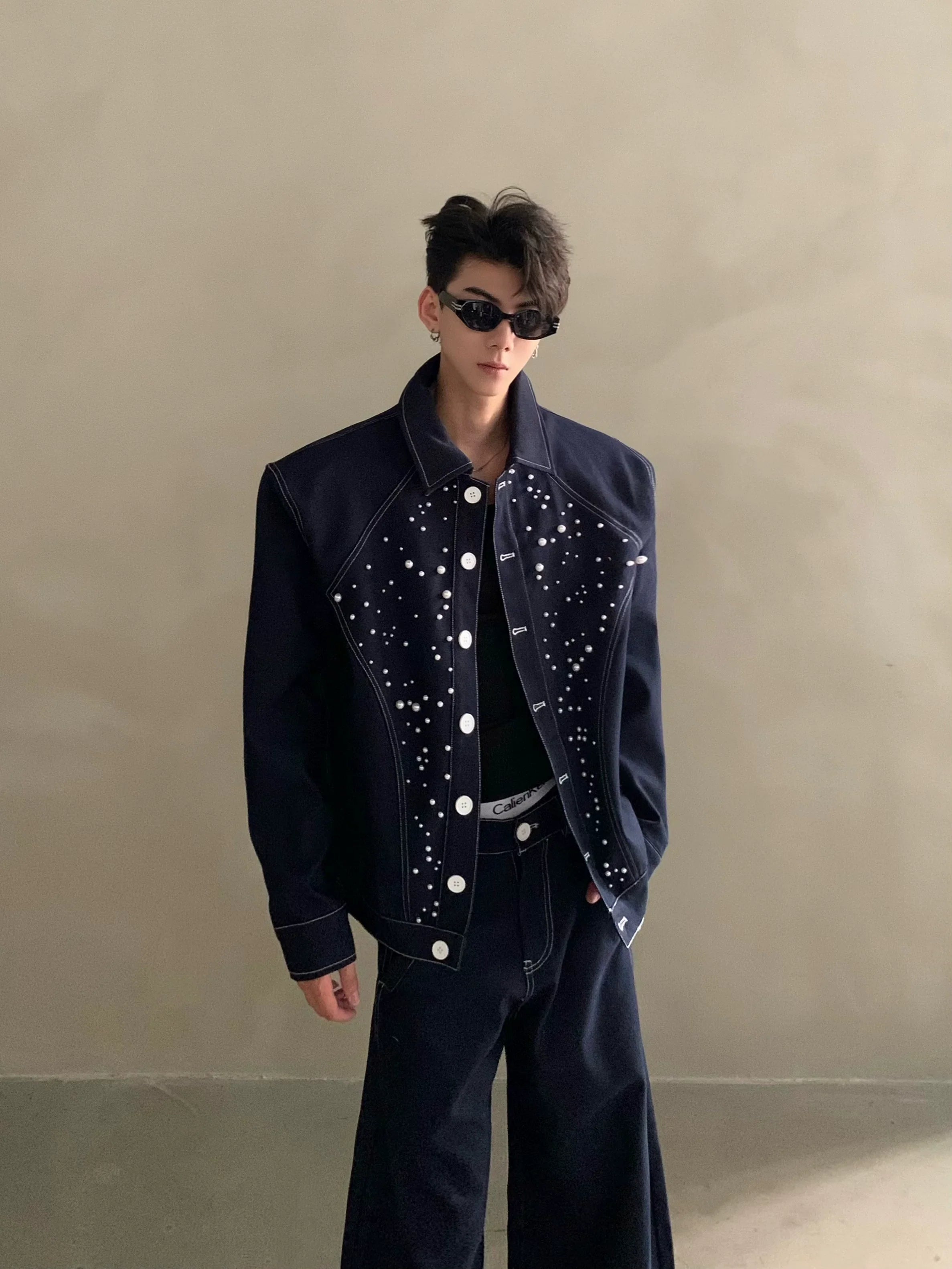 Niche high-end sense light luxury bright diamond pearl design denim jacket men's ruffian handsome fashion suit tide FE0586