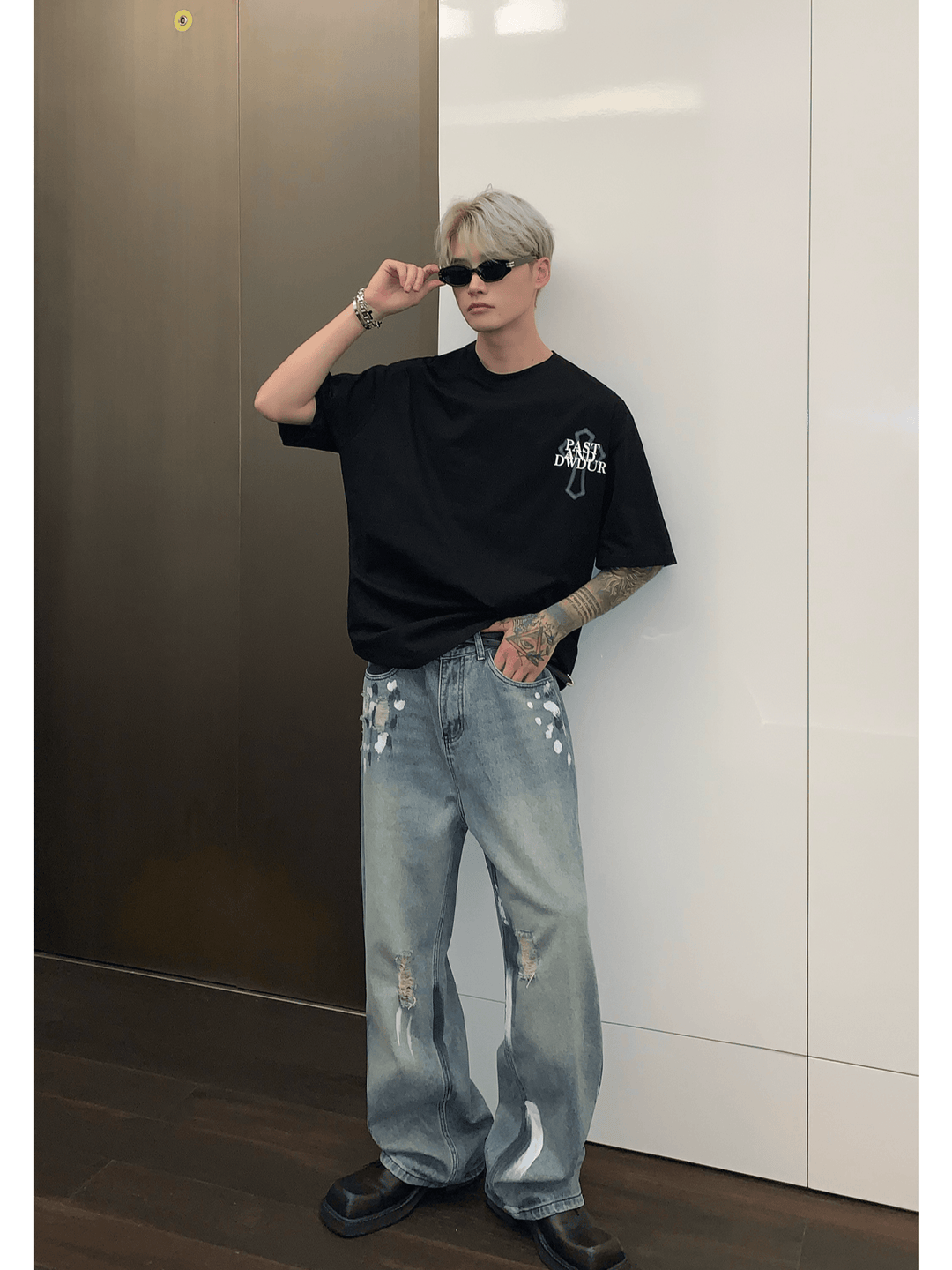 street graffiti contrast color straight jeans   FE0103
