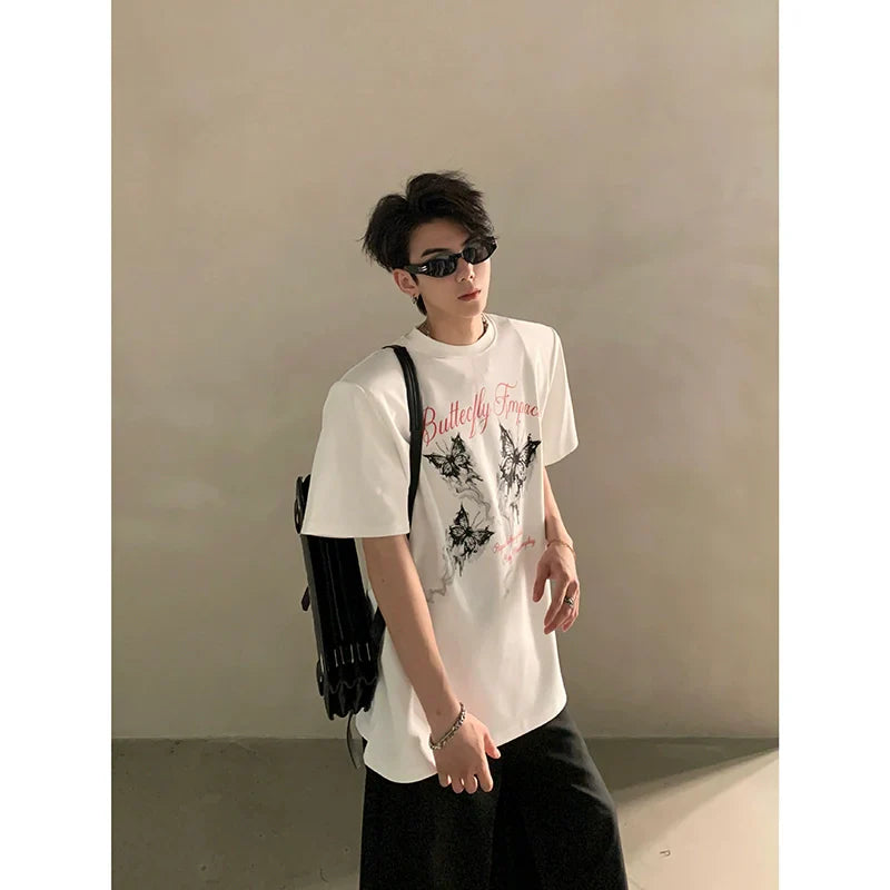 Summer niche high-end butterfly printing heavy shoulder pads short-sleeved T-shirt men's half-sleeved top tide FE0533