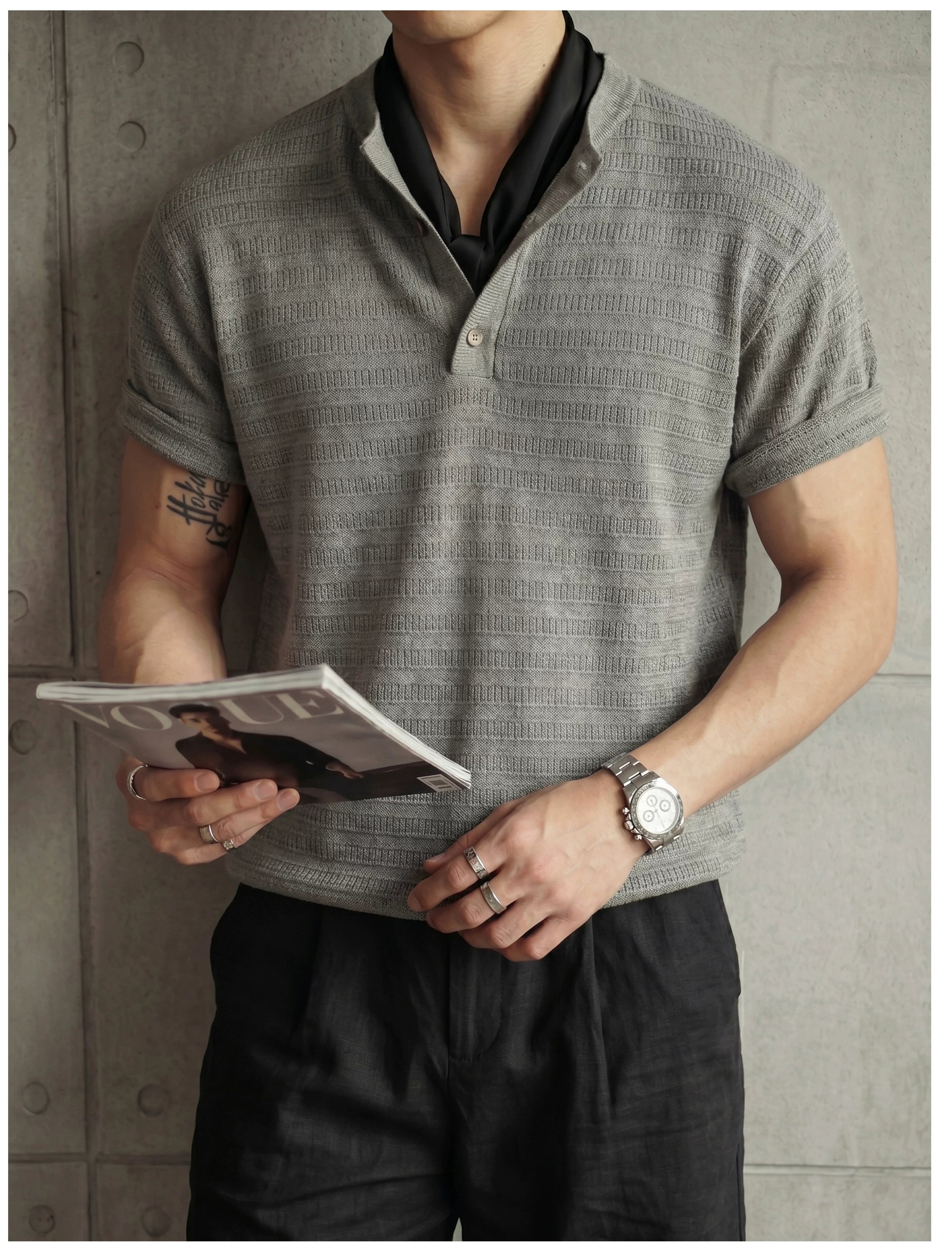 Jacquard horizontal pattern hollow texture knitted short-sleeved T-shirt FE0737