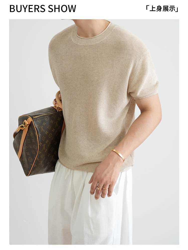 Old Money Wind Linen Lyocell Breathable Crew Neck Knitted Short Sleeve Men's Summer Casual Thin FE0717