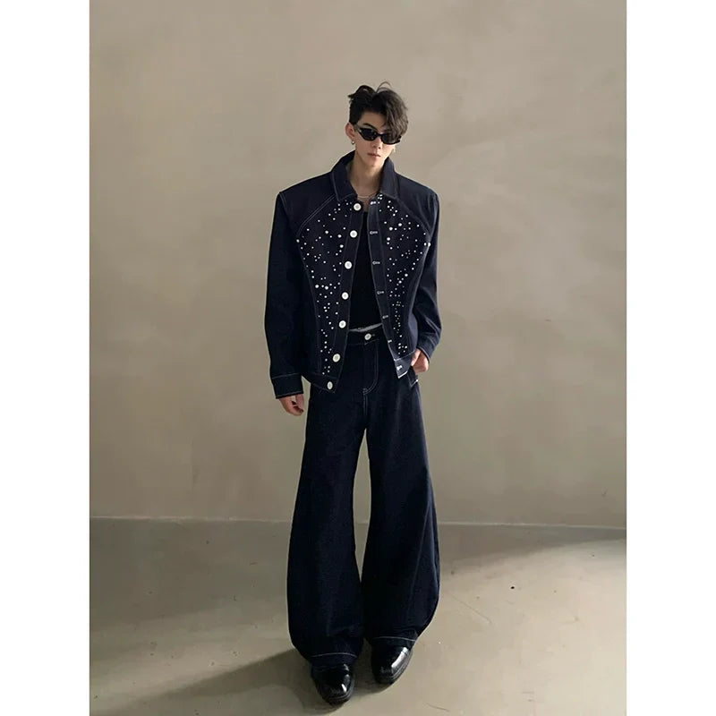 Niche high-end sense light luxury bright diamond pearl design denim jacket men's ruffian handsome fashion suit tide FE0586