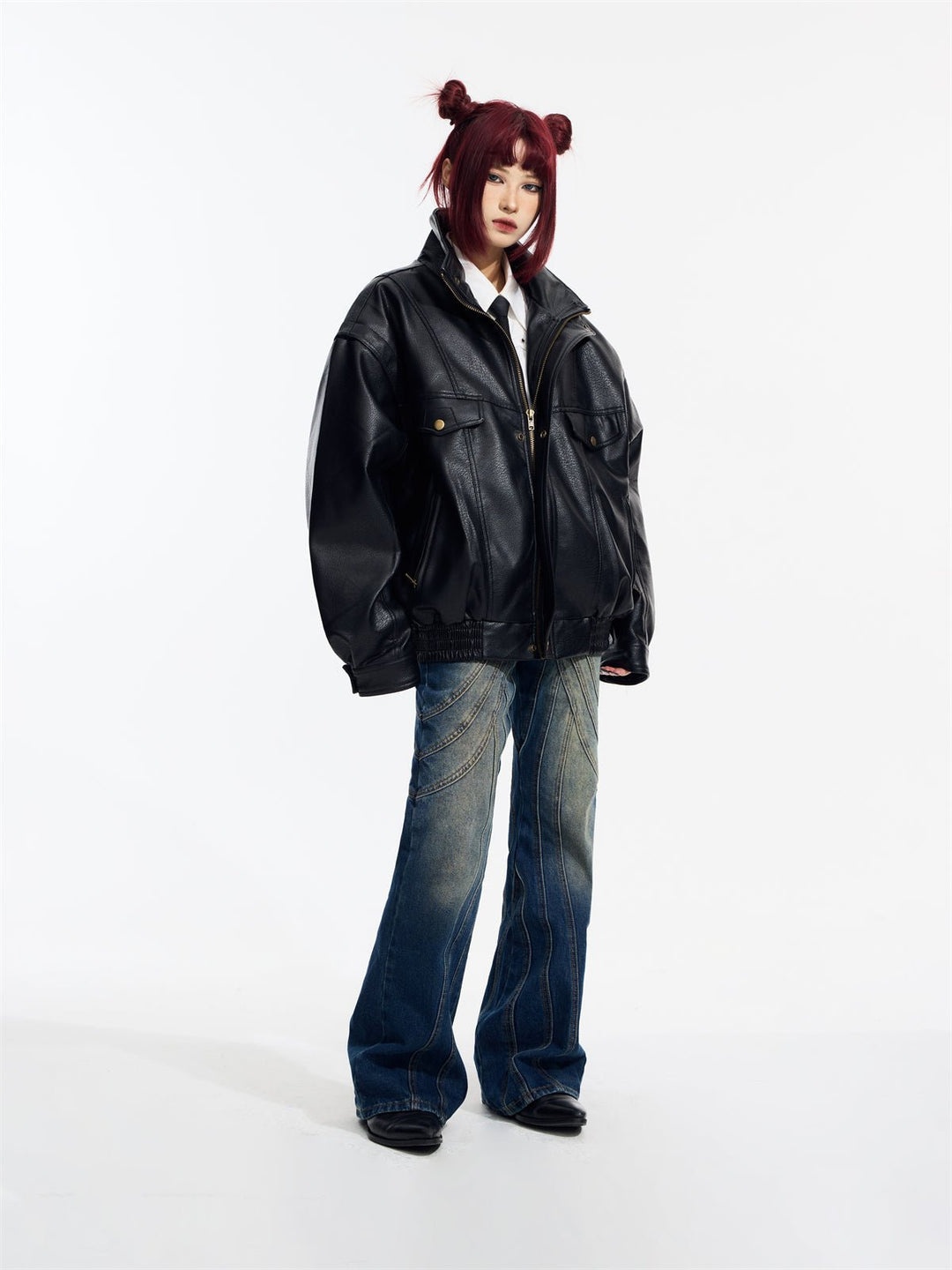 [PeopleStyle] Genderless wear silhouette fashionable leather jacket  FE0622