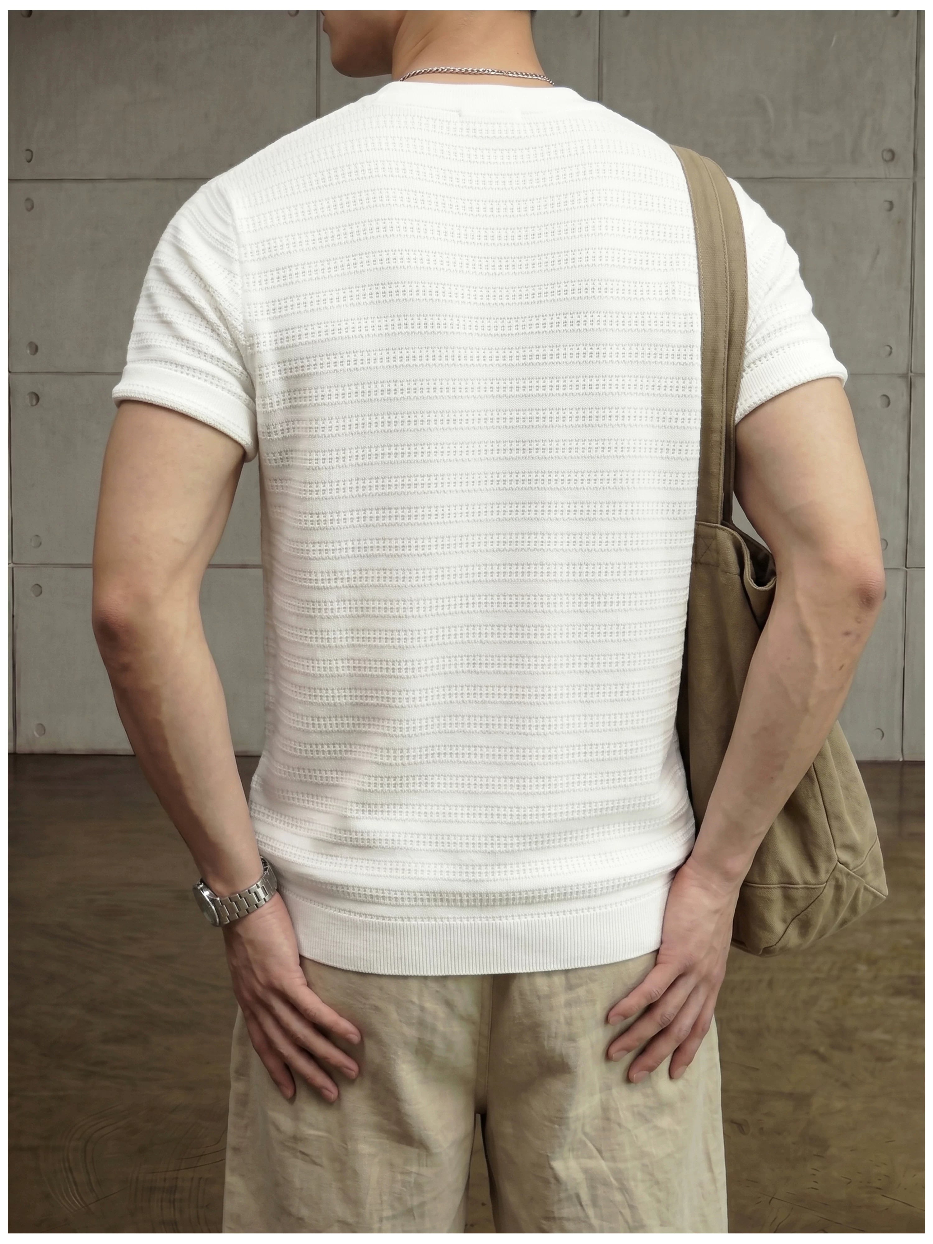Jacquard horizontal pattern hollow texture knitted short-sleeved T-shirt FE0737