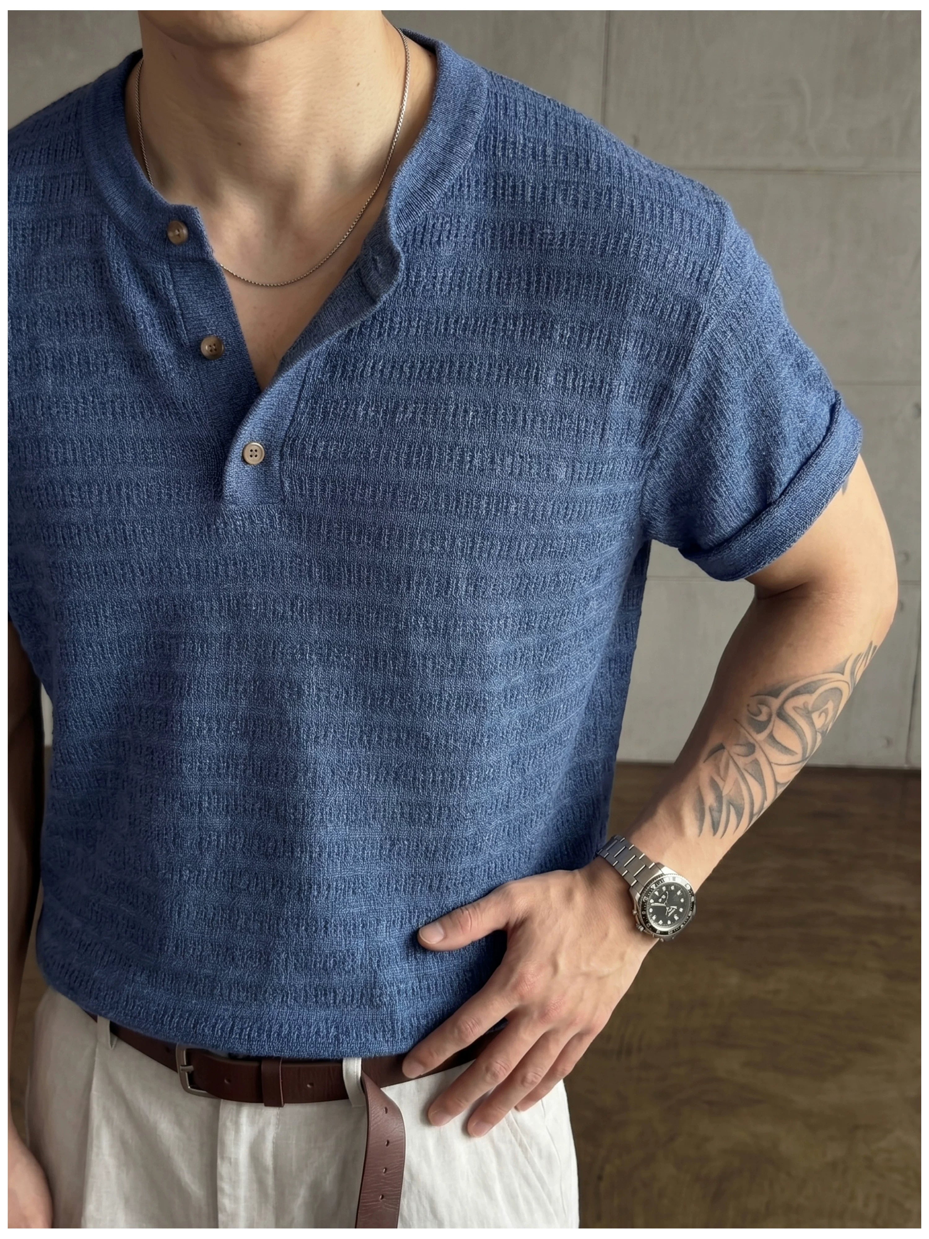 Jacquard horizontal pattern hollow texture knitted short-sleeved T-shirt FE0737