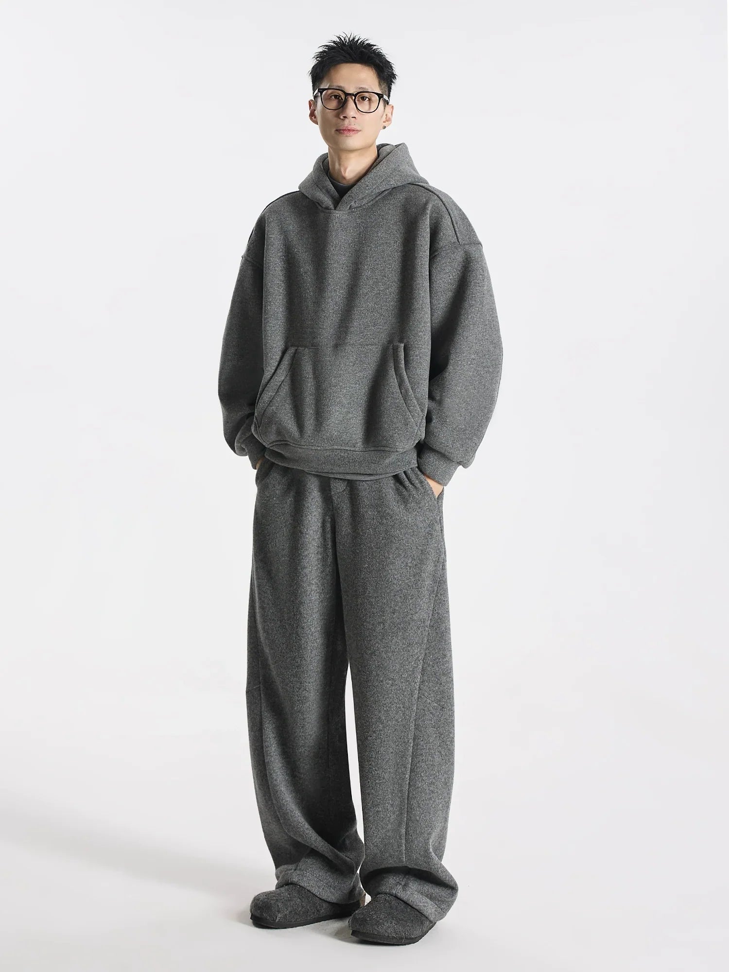 Kangaroo sweater heavy double stream spinning terry cloth stacked wear velvet kangaroo hooded sweater set FE0646