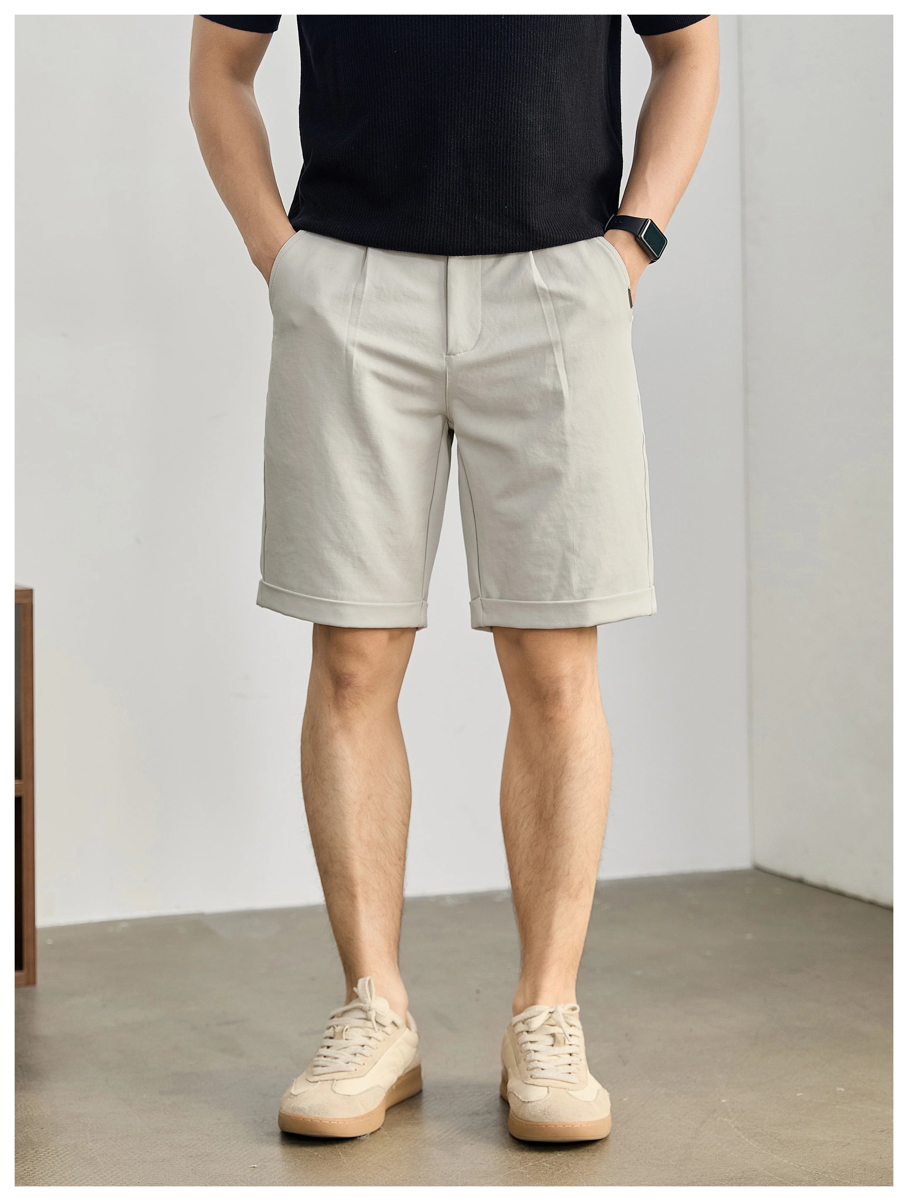 High-end light and mature wind semi-elastic waist pants twill texture pants, curled straight shorts FE0733