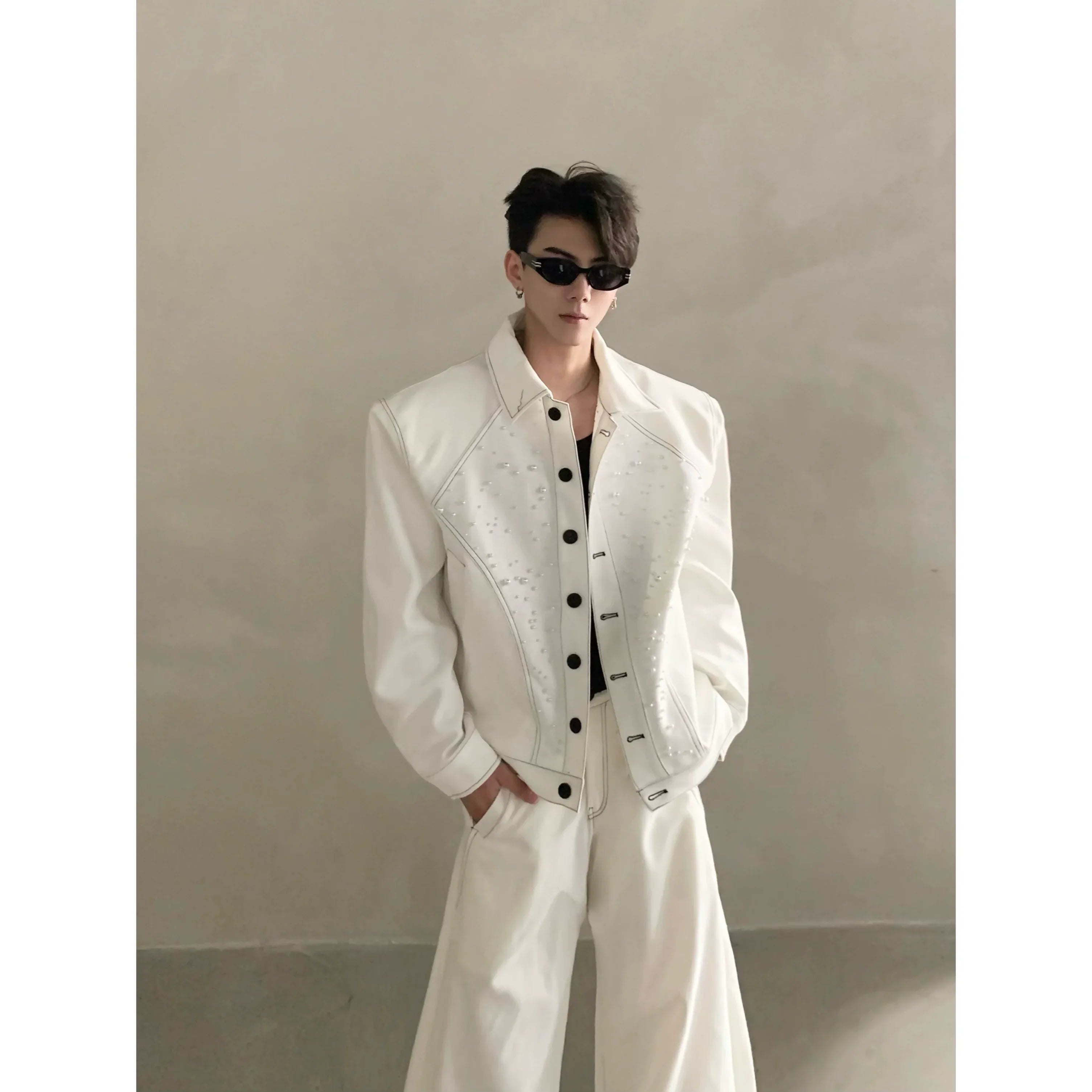 Niche high-end white shoulder padded jacket jacket men's autumn trousers suit minimalist style FE0583