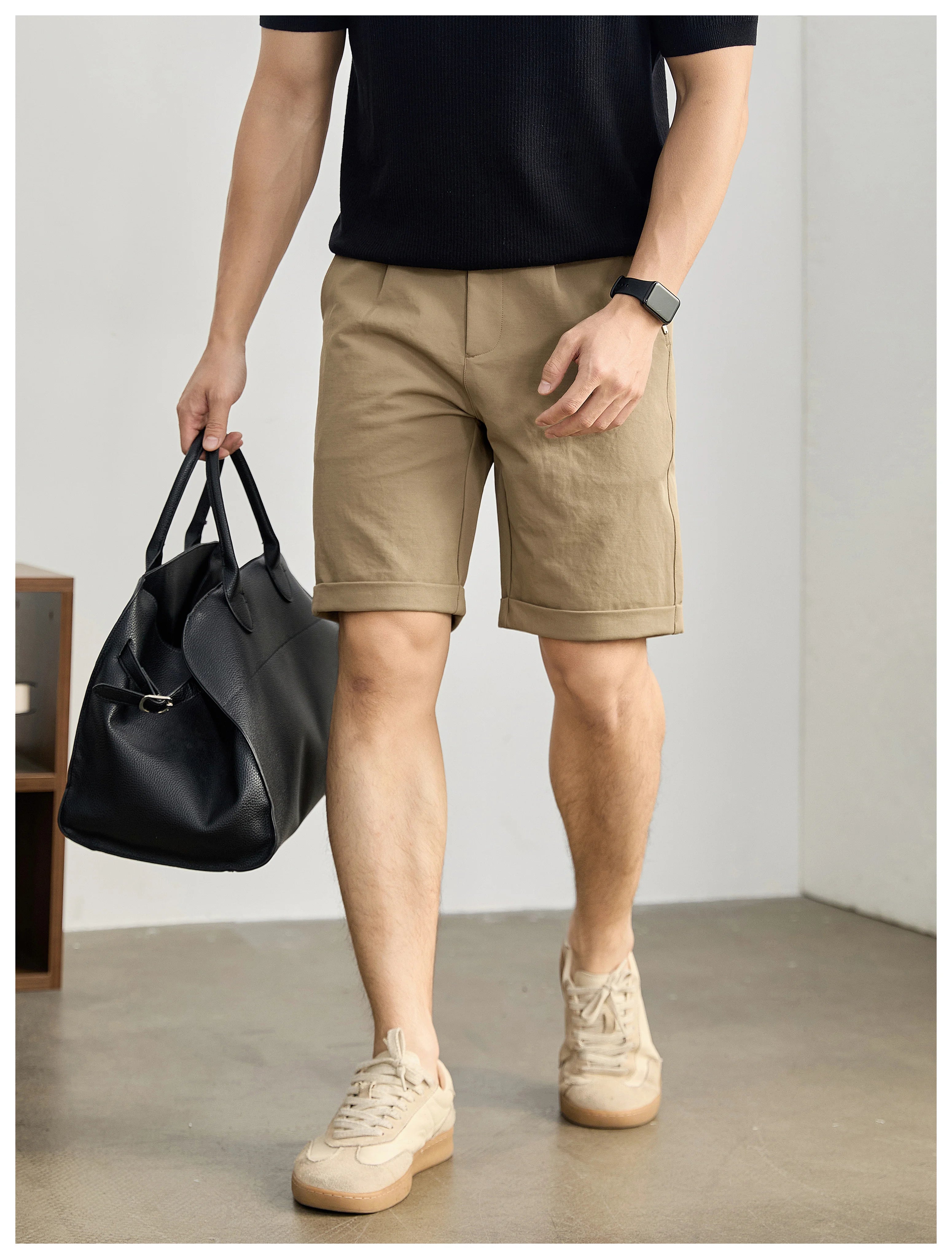 High-end light and mature wind semi-elastic waist pants twill texture pants, curled straight shorts FE0733
