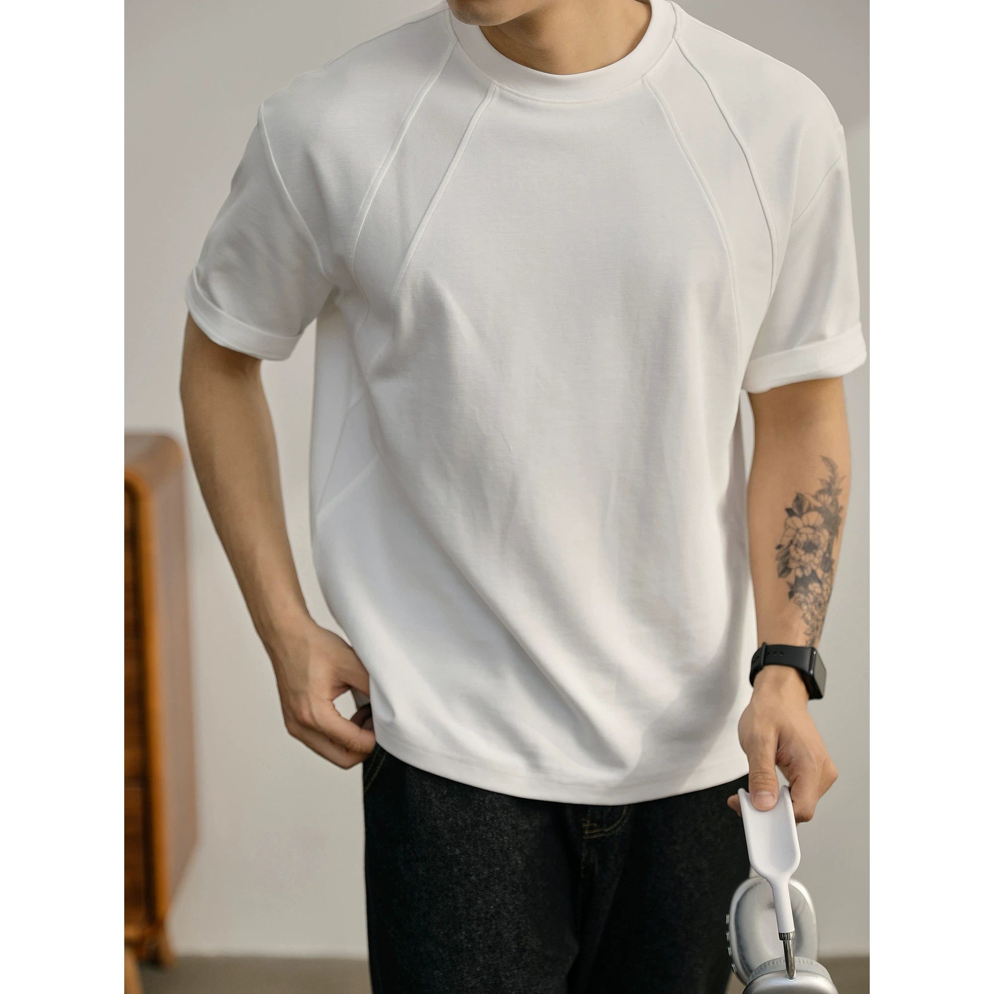 Summer American Splicing Micro Wide Half Sleeve Deconstruction Crisp T-Shirt FE0734